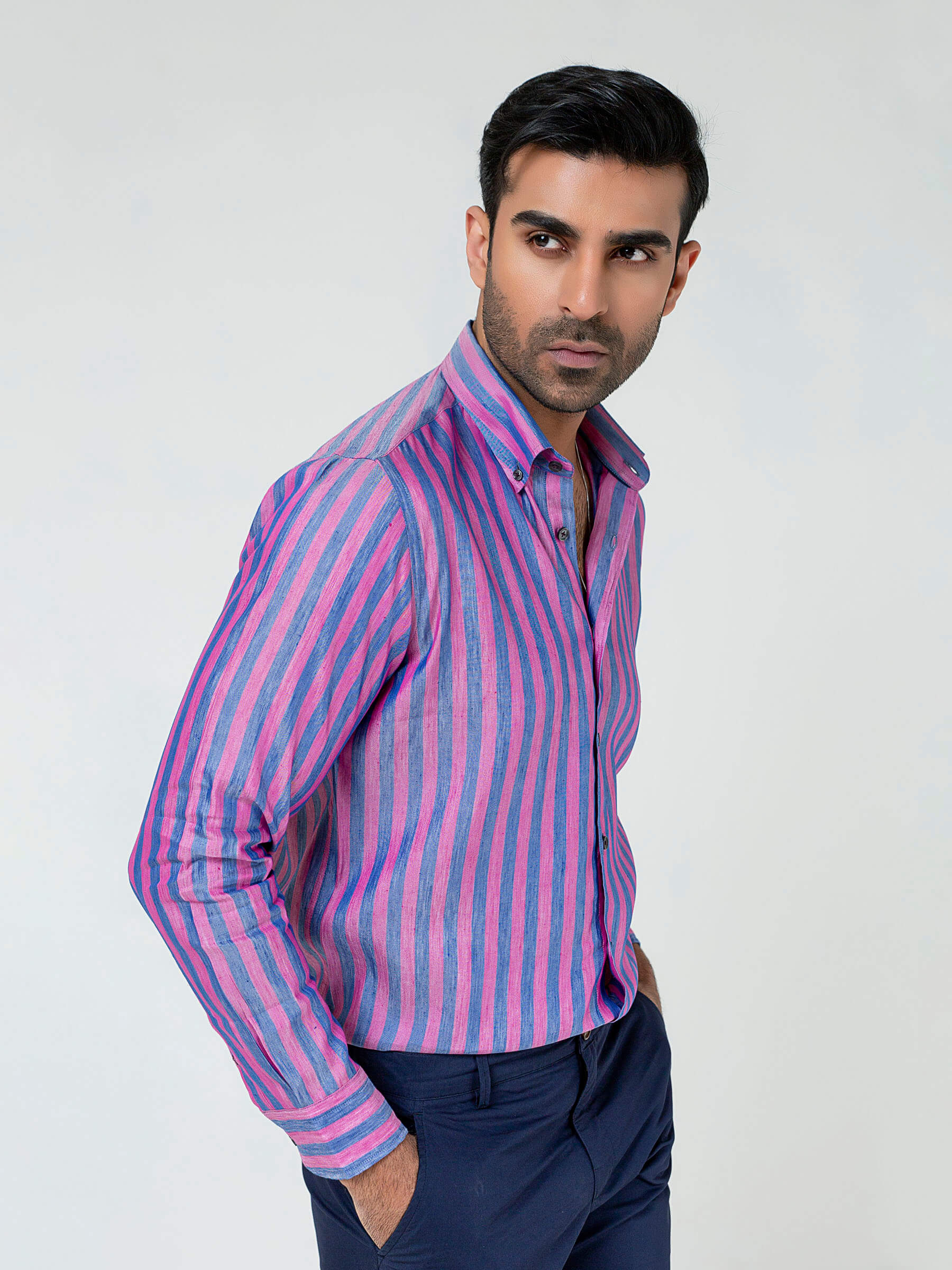 Pink & Blue Bold Striped Linen & Silk Shirt