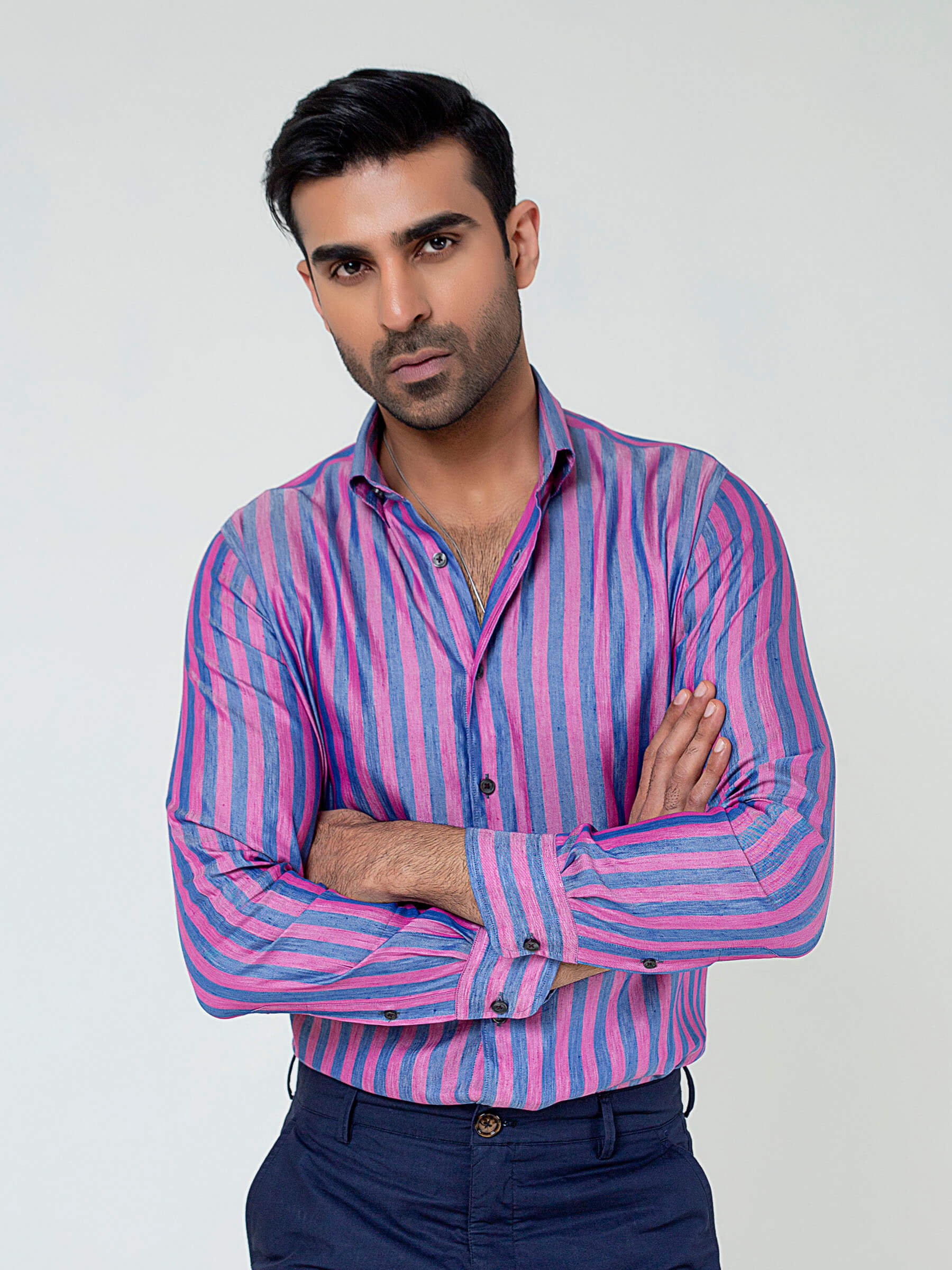 Pink & Blue Bold Striped Linen & Silk Shirt