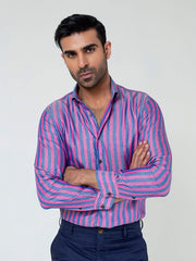 Pink & Blue Bold Striped Linen & Silk Shirt