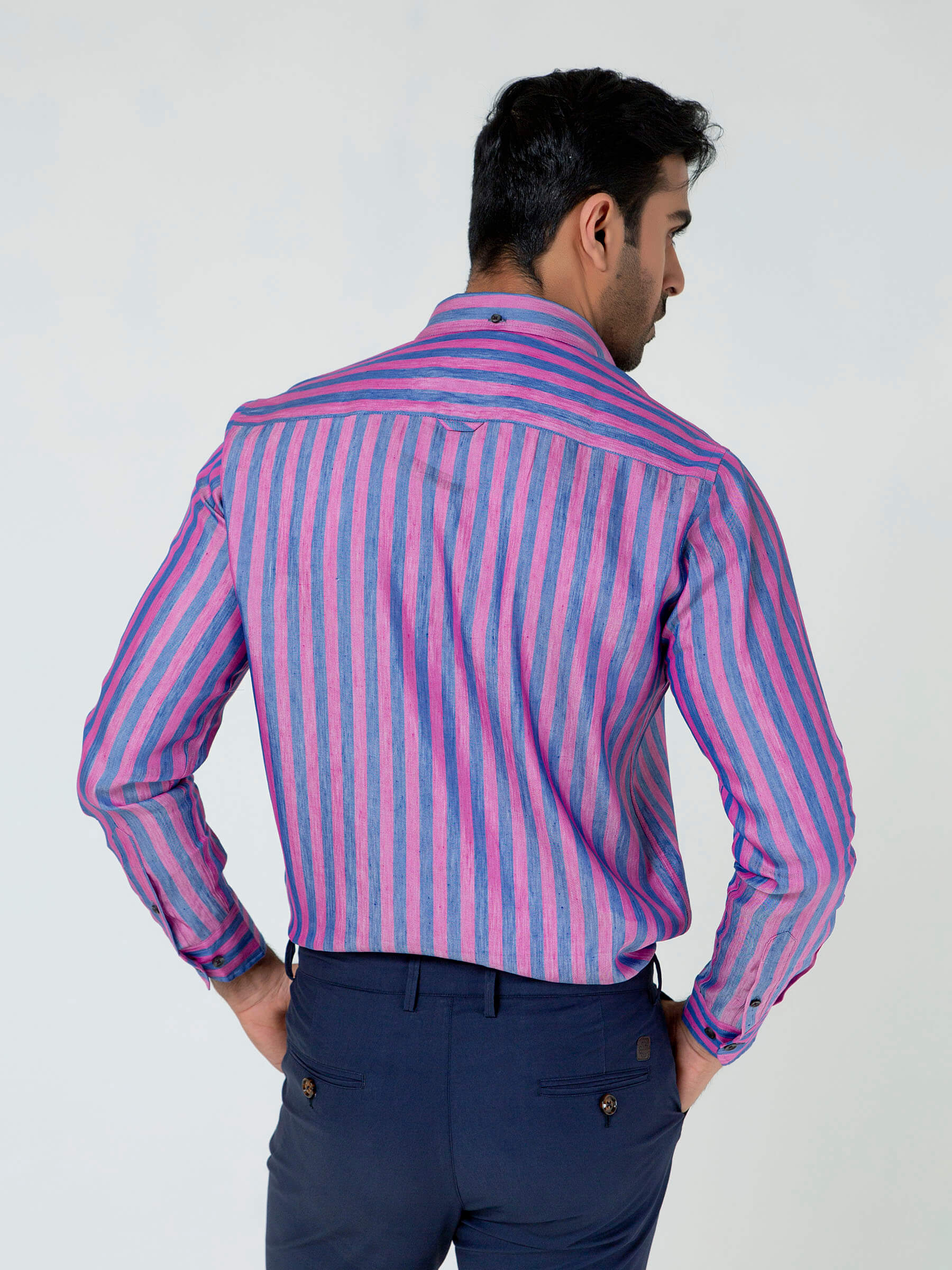 Pink & Blue Bold Striped Linen & Silk Shirt