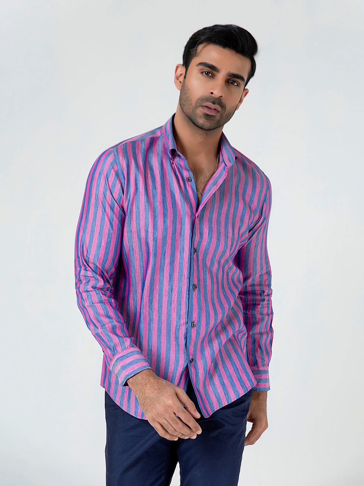 Pink & Blue Bold Striped Linen & Silk Shirt