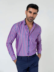 Pink & Blue Bold Striped Linen & Silk Shirt