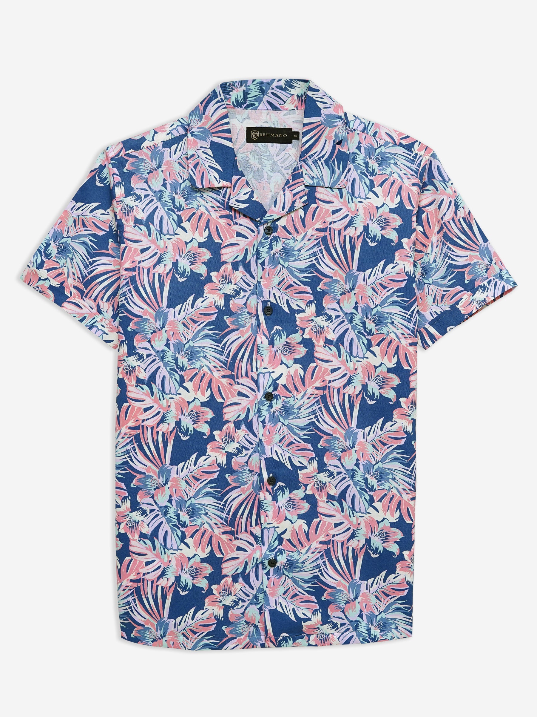 Pink & Blue Large Floral Print Half Sleeve Cuban Collar Shirt