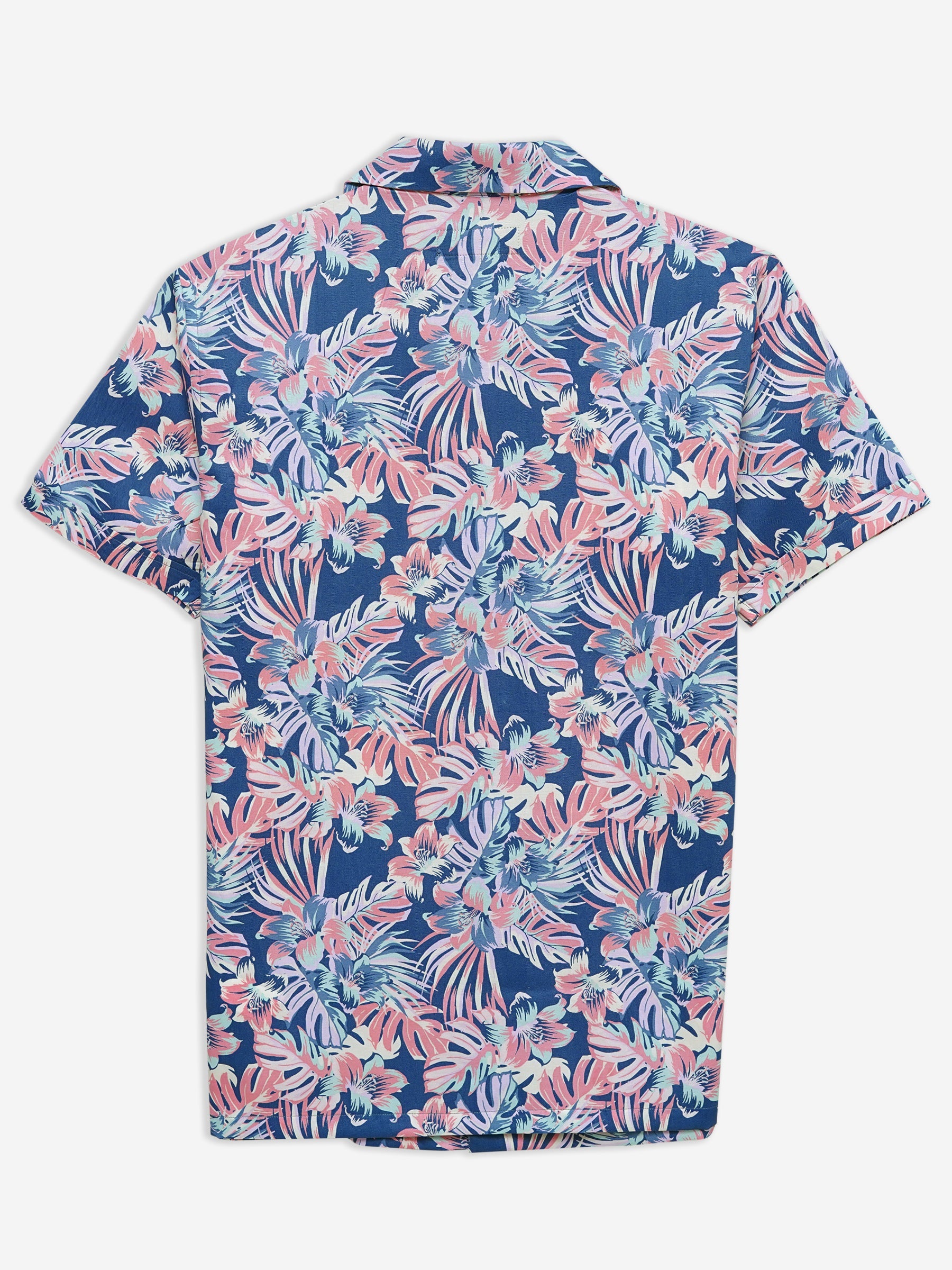 Pink & Blue Large Floral Print Half Sleeve Cuban Collar Shirt
