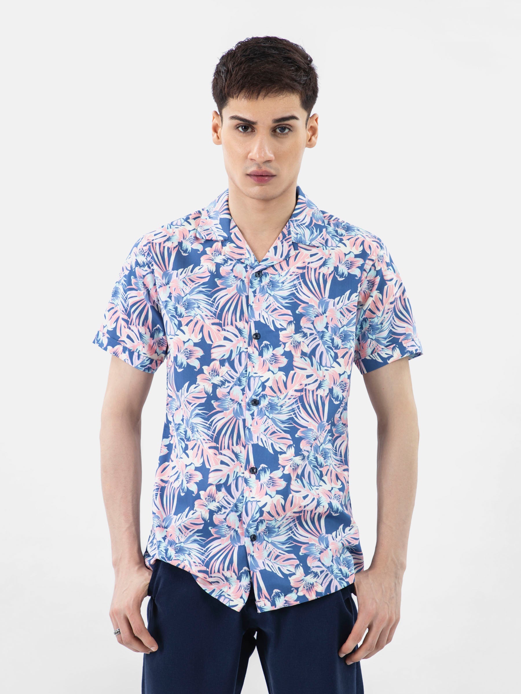 Pink & Blue Large Floral Print Half Sleeve Cuban Collar Shirt