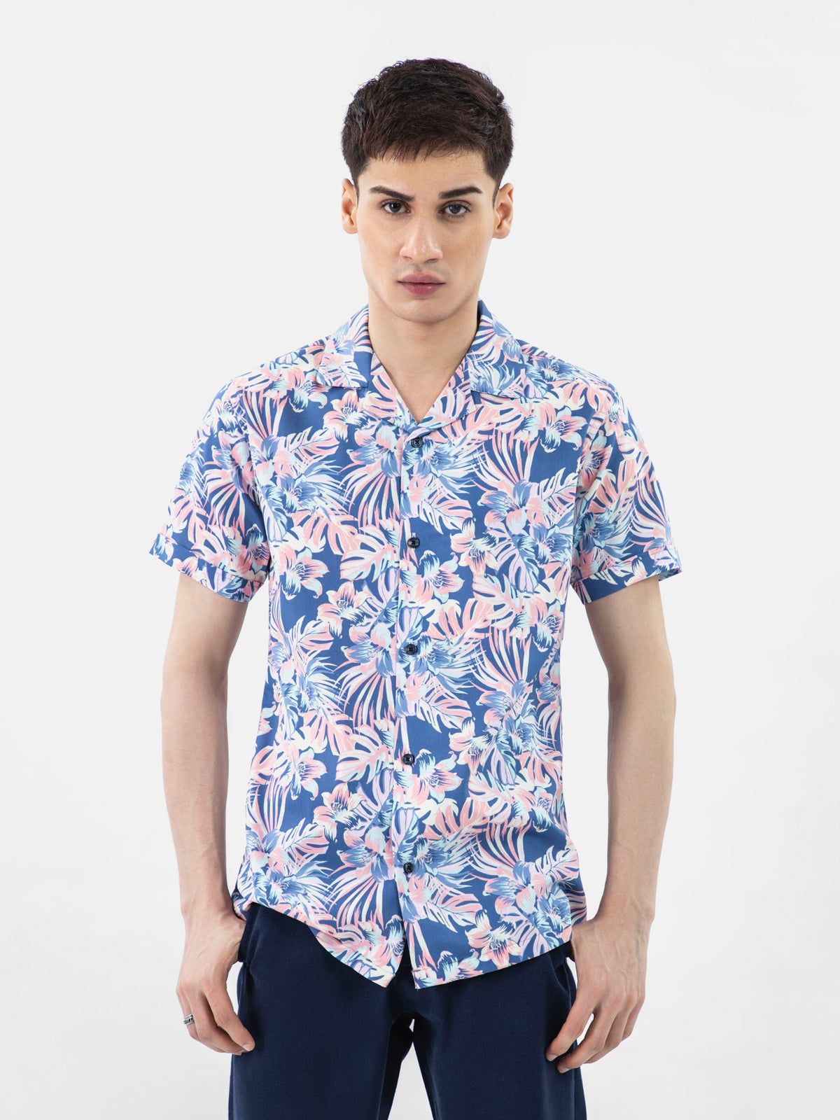 Pink & Blue Large Floral Print Half Sleeve Cuban Collar Shirt