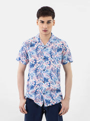 Pink & Blue Large Floral Print Half Sleeve Cuban Collar Shirt