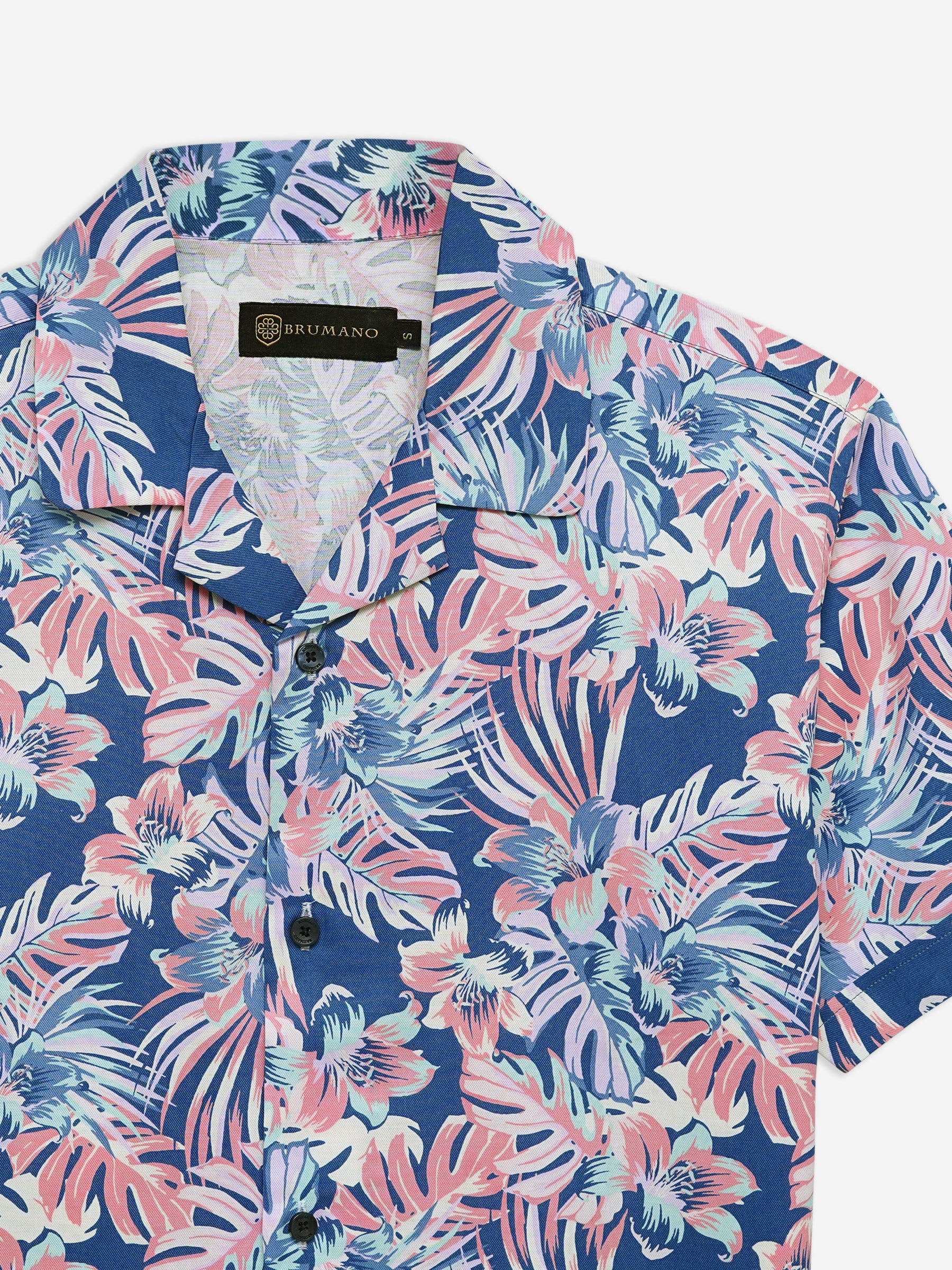 Pink & Blue Large Floral Print Half Sleeve Cuban Collar Shirt