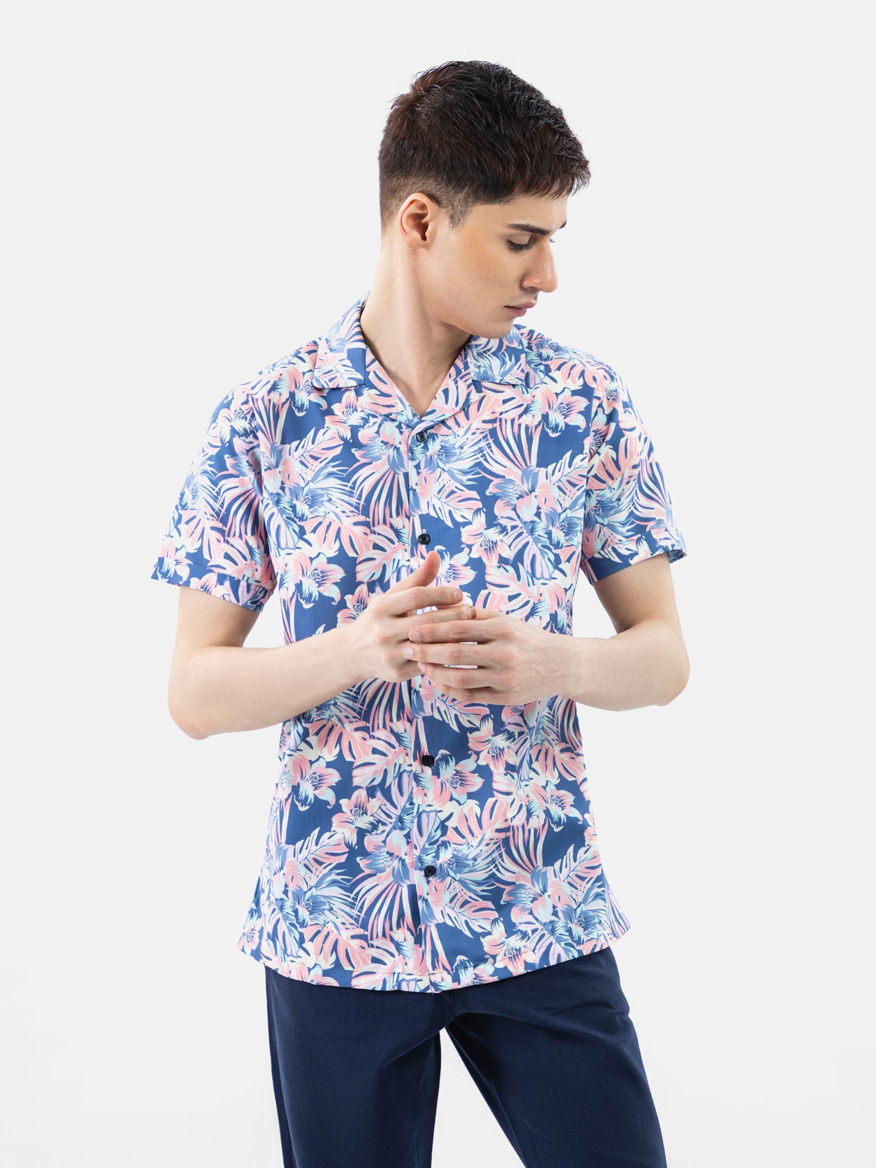 Pink & Blue Large Floral Print Half Sleeve Cuban Collar Shirt