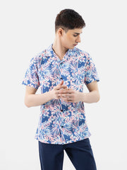 Pink & Blue Large Floral Print Half Sleeve Cuban Collar Shirt