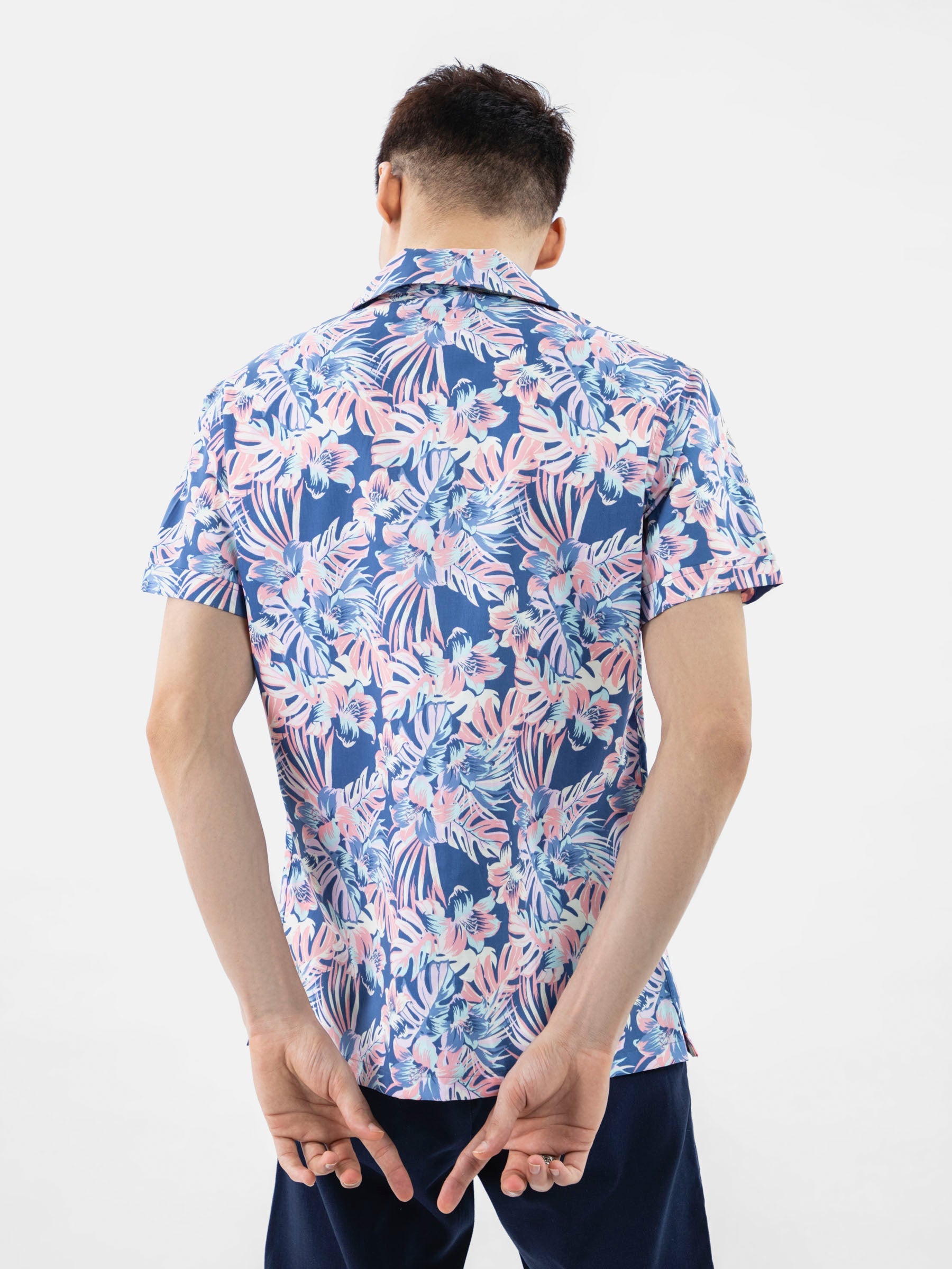 Pink & Blue Large Floral Print Half Sleeve Cuban Collar Shirt