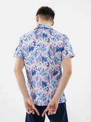 Pink & Blue Large Floral Print Half Sleeve Cuban Collar Shirt