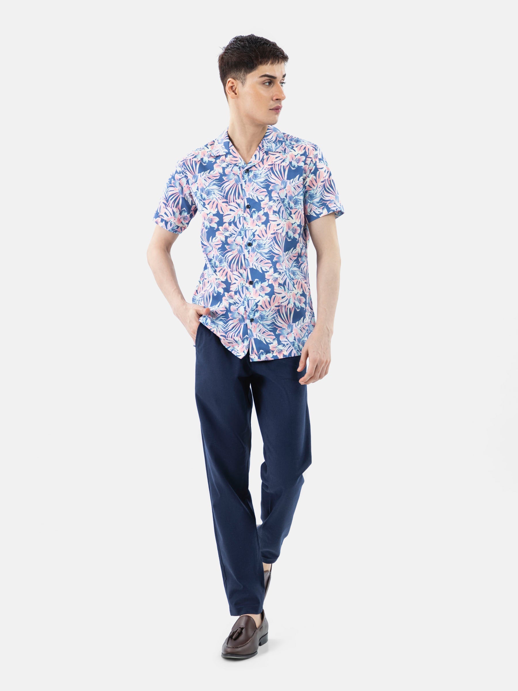 Pink & Blue Large Floral Print Half Sleeve Cuban Collar Shirt
