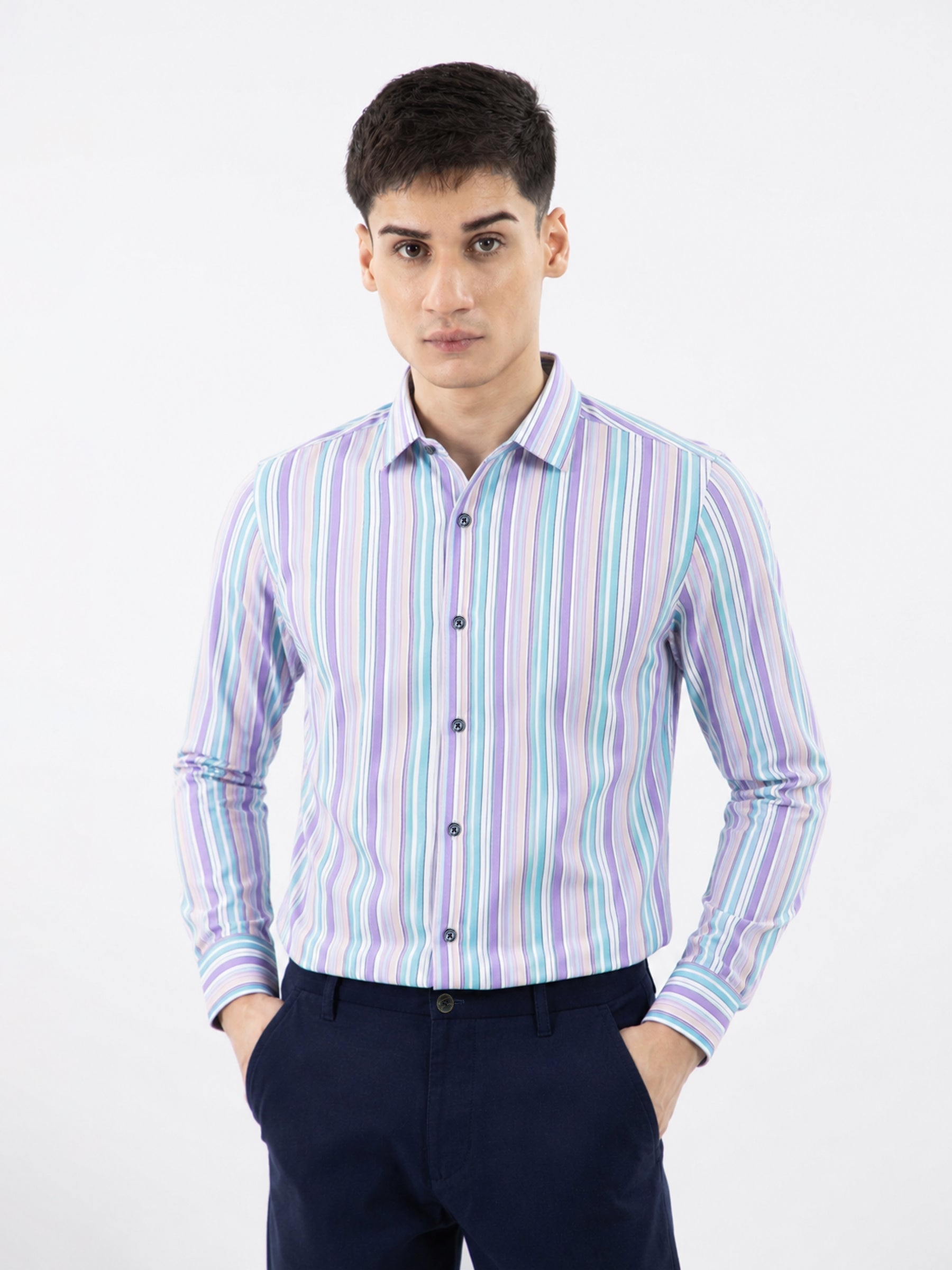 Purple & Peach Striped Formal Shirt