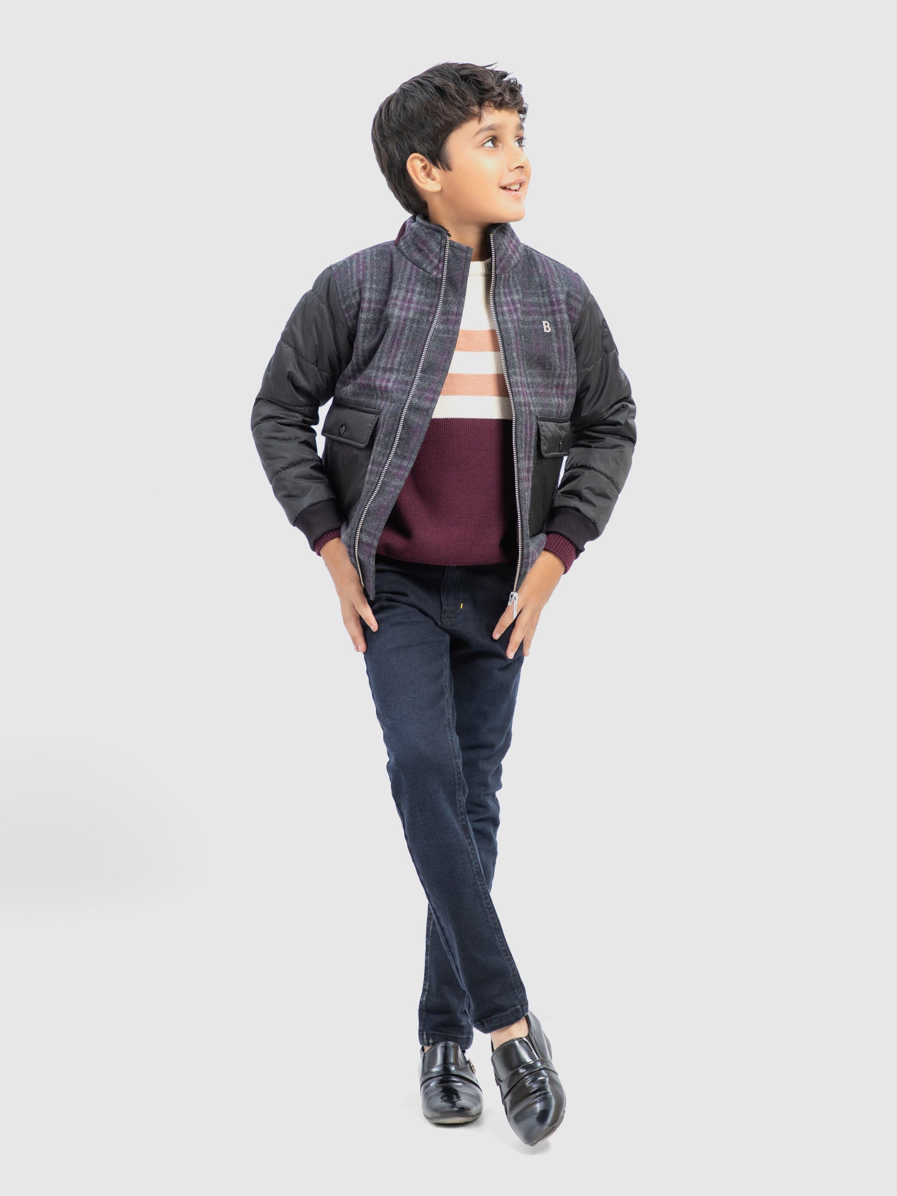Purple & Grey Wool Puffer Casual Jacket