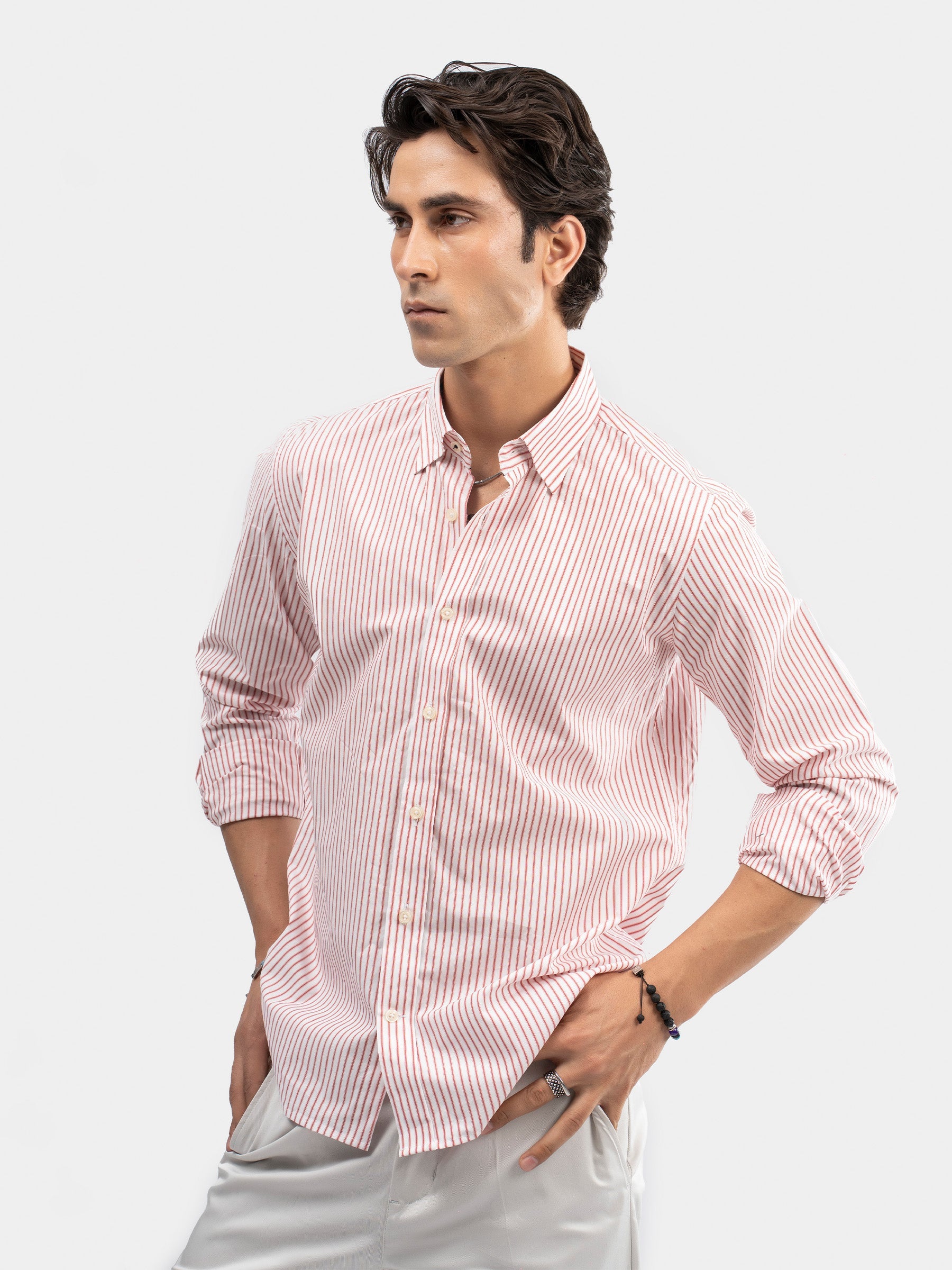Red & White Striped Formal Shirt