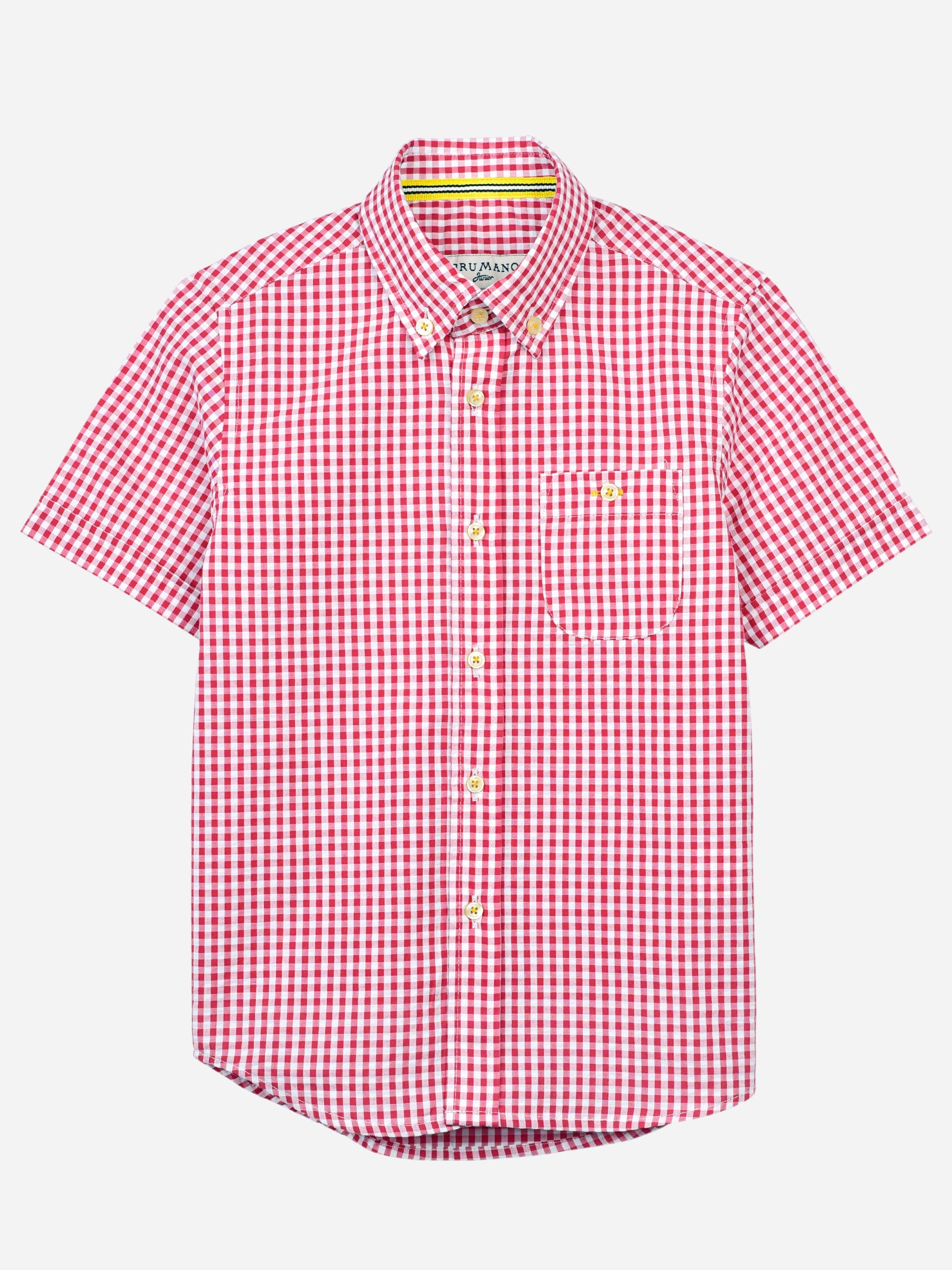 Red Gingham Seersucked Short Sleeve Casual Shirt