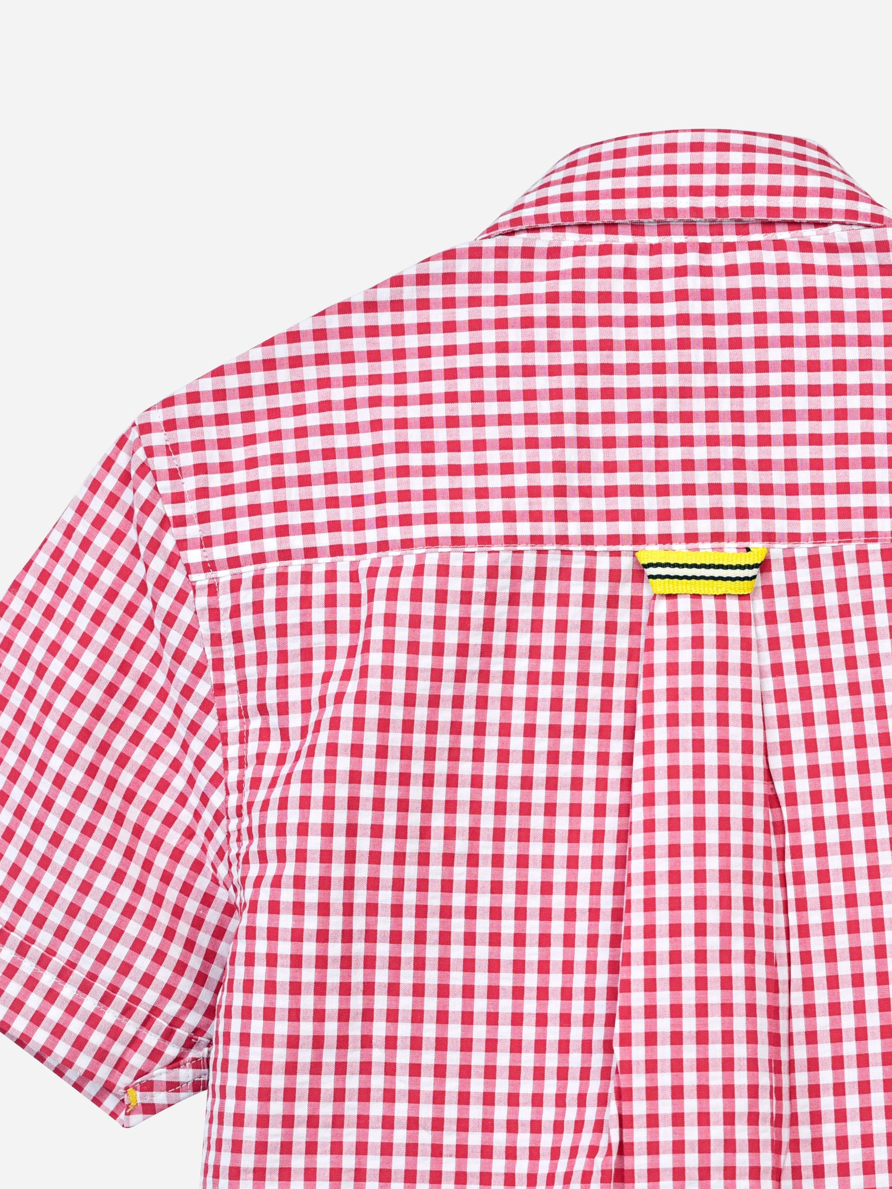 Red Gingham Seersucked Short Sleeve Casual Shirt