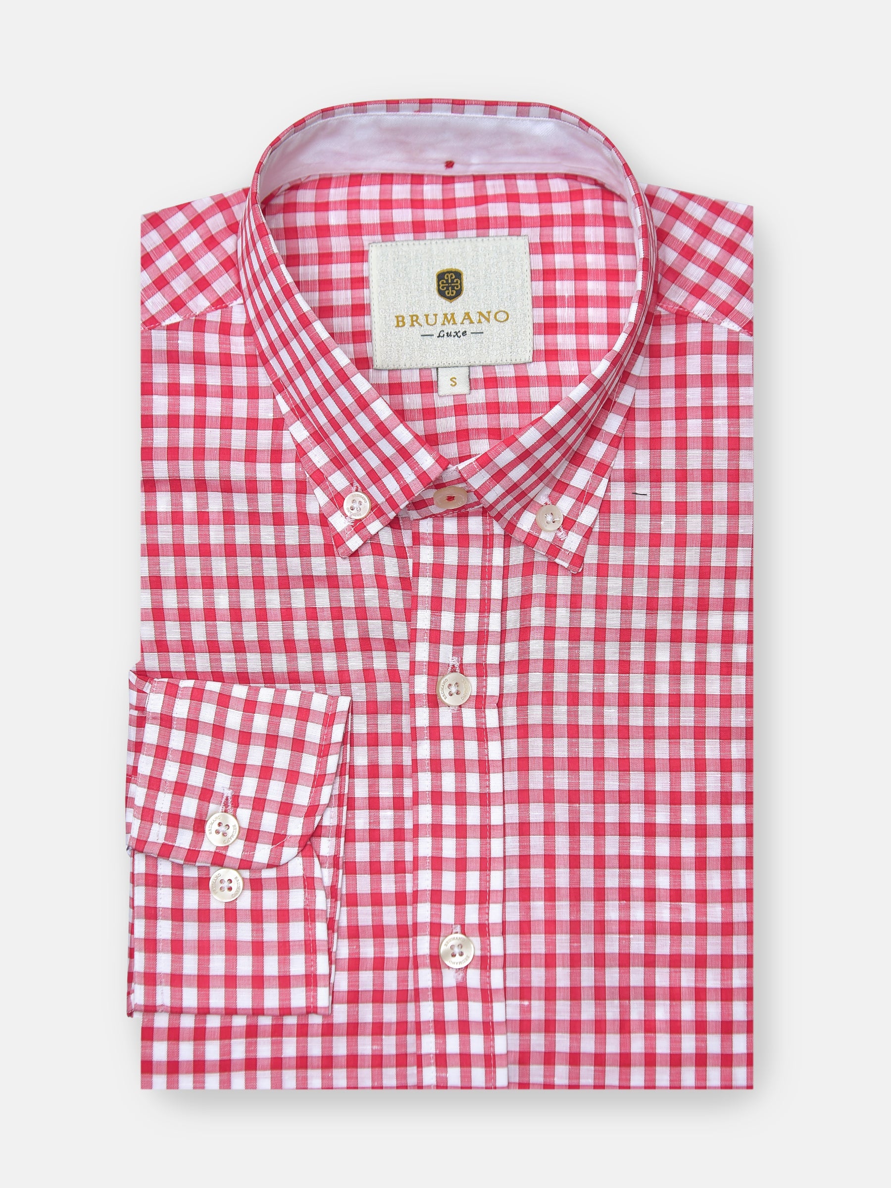 Red Linen Gingham Shirt With Button Down Collar