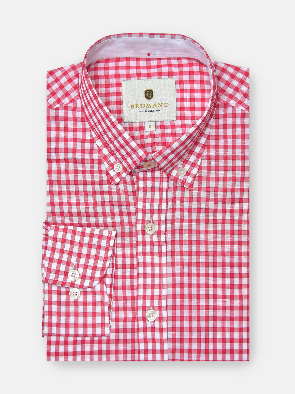 Red Linen Gingham Shirt With Button Down Collar