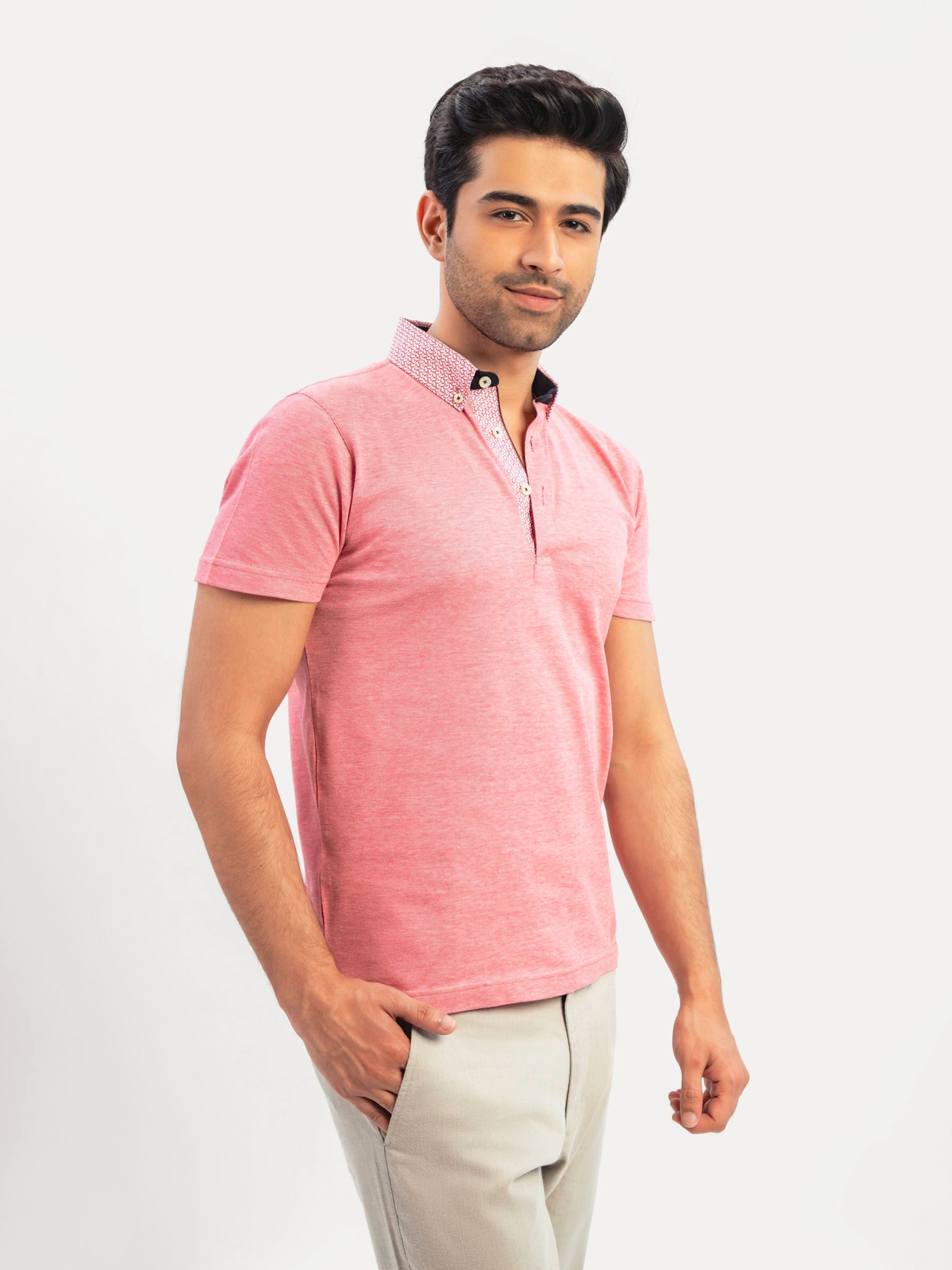 Red Mercerized Pique Polo With Printed Collar