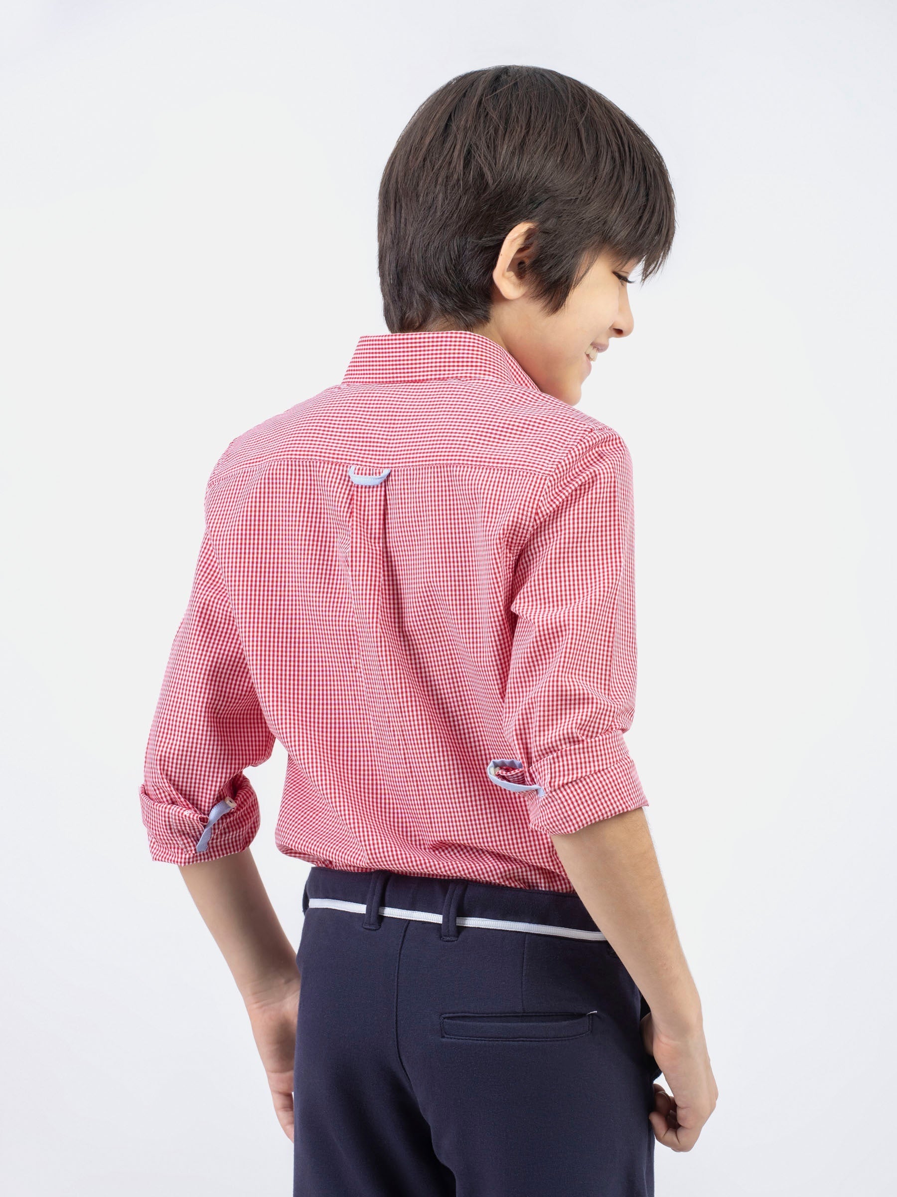 Red Micro Gingham Button Down Casual Shirt