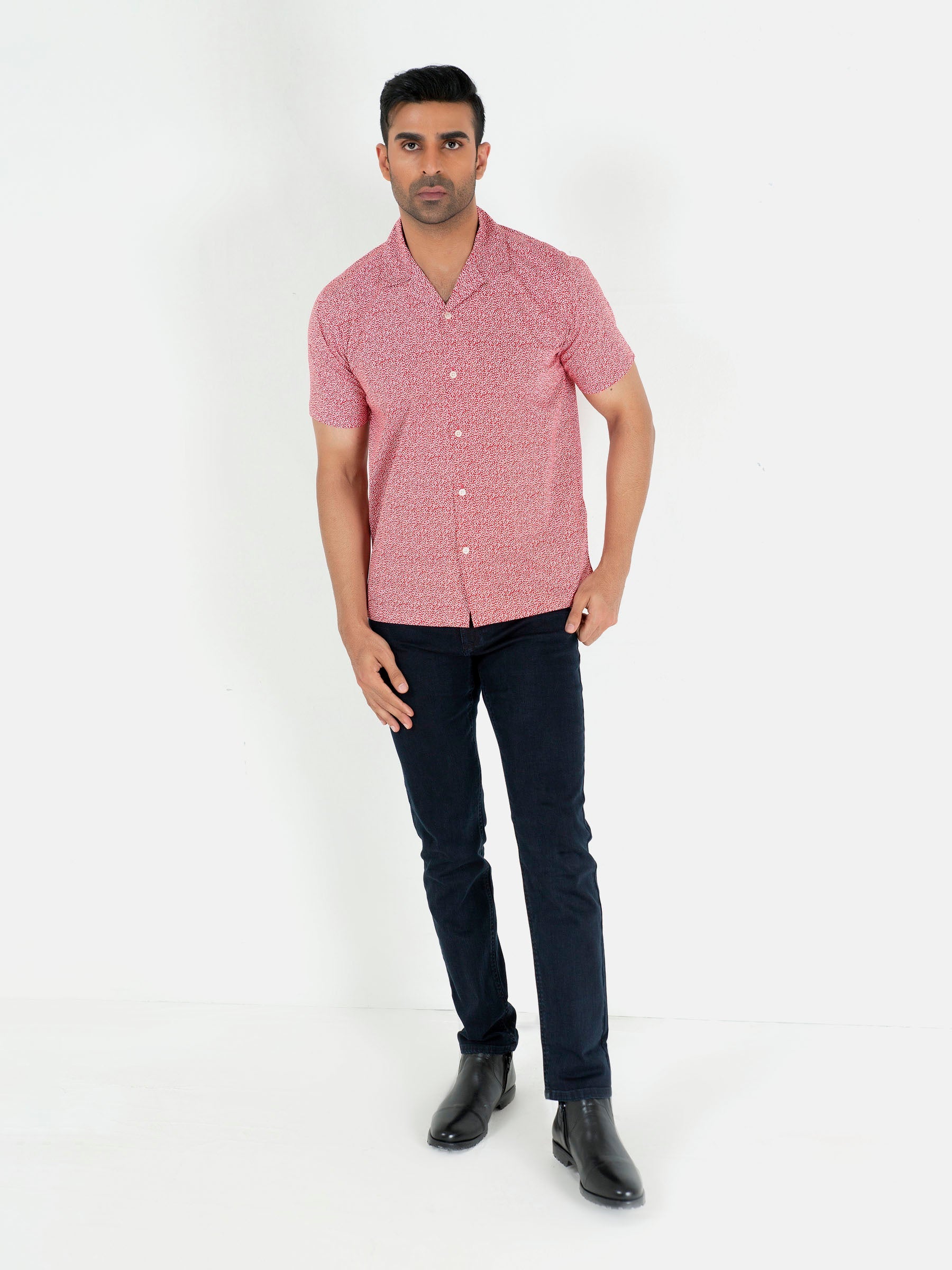 Red Printed Half Sleeve Cuban Collar Shirt