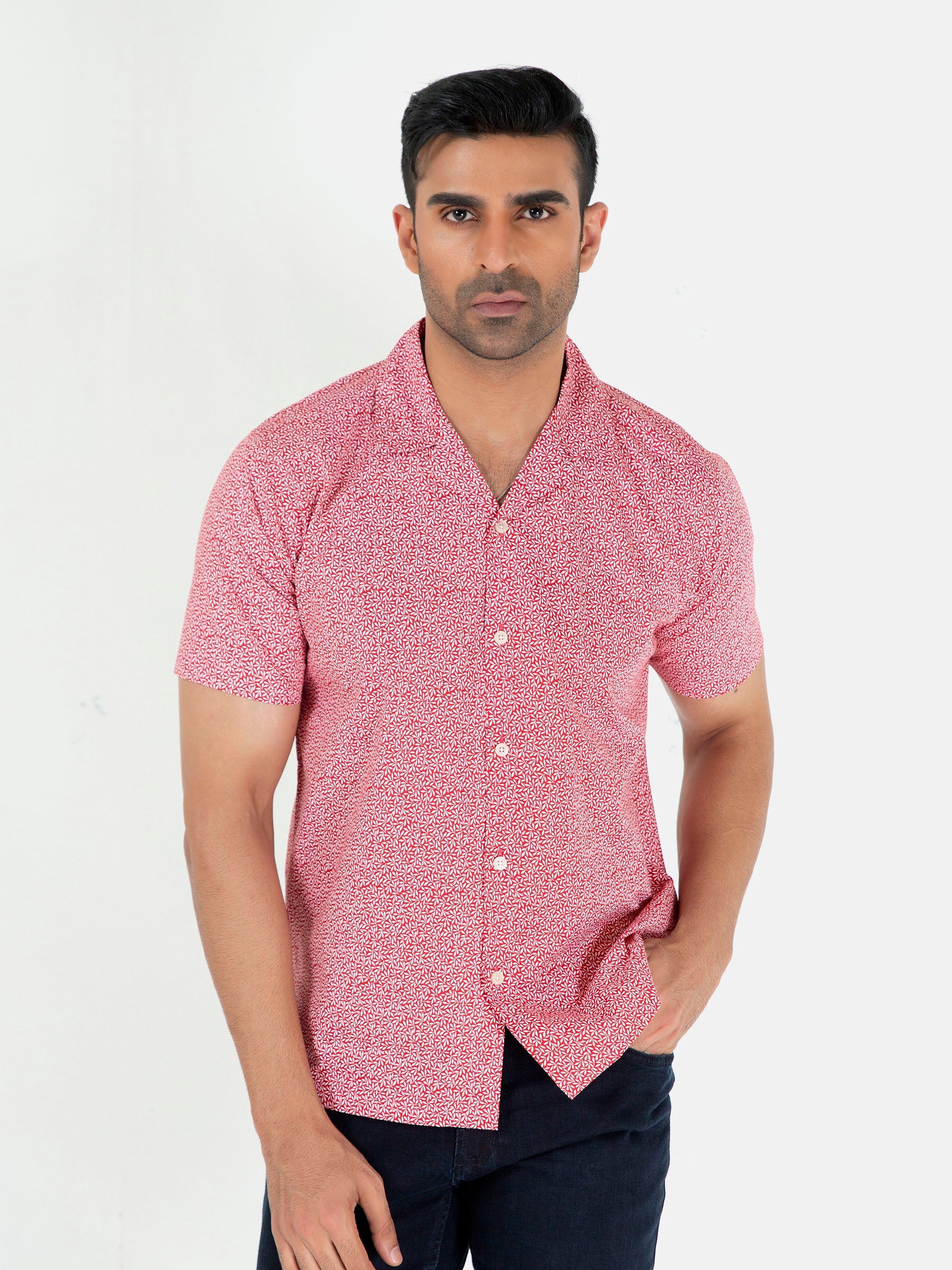 Red Printed Half Sleeve Cuban Collar Shirt
