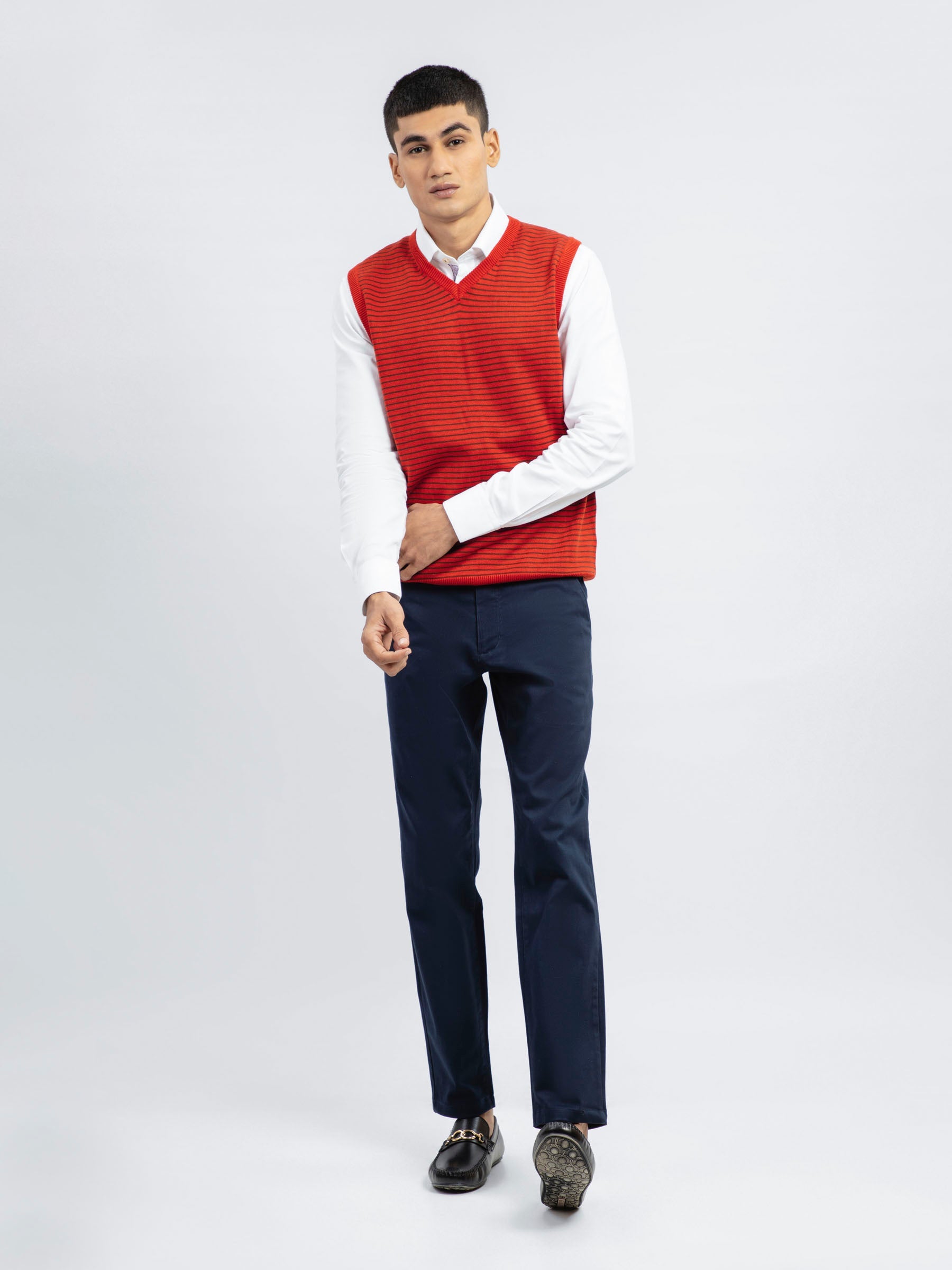 Red Striped Wool Blended Sleeveless Sweater