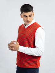 Red Striped Wool Blended Sleeveless Sweater