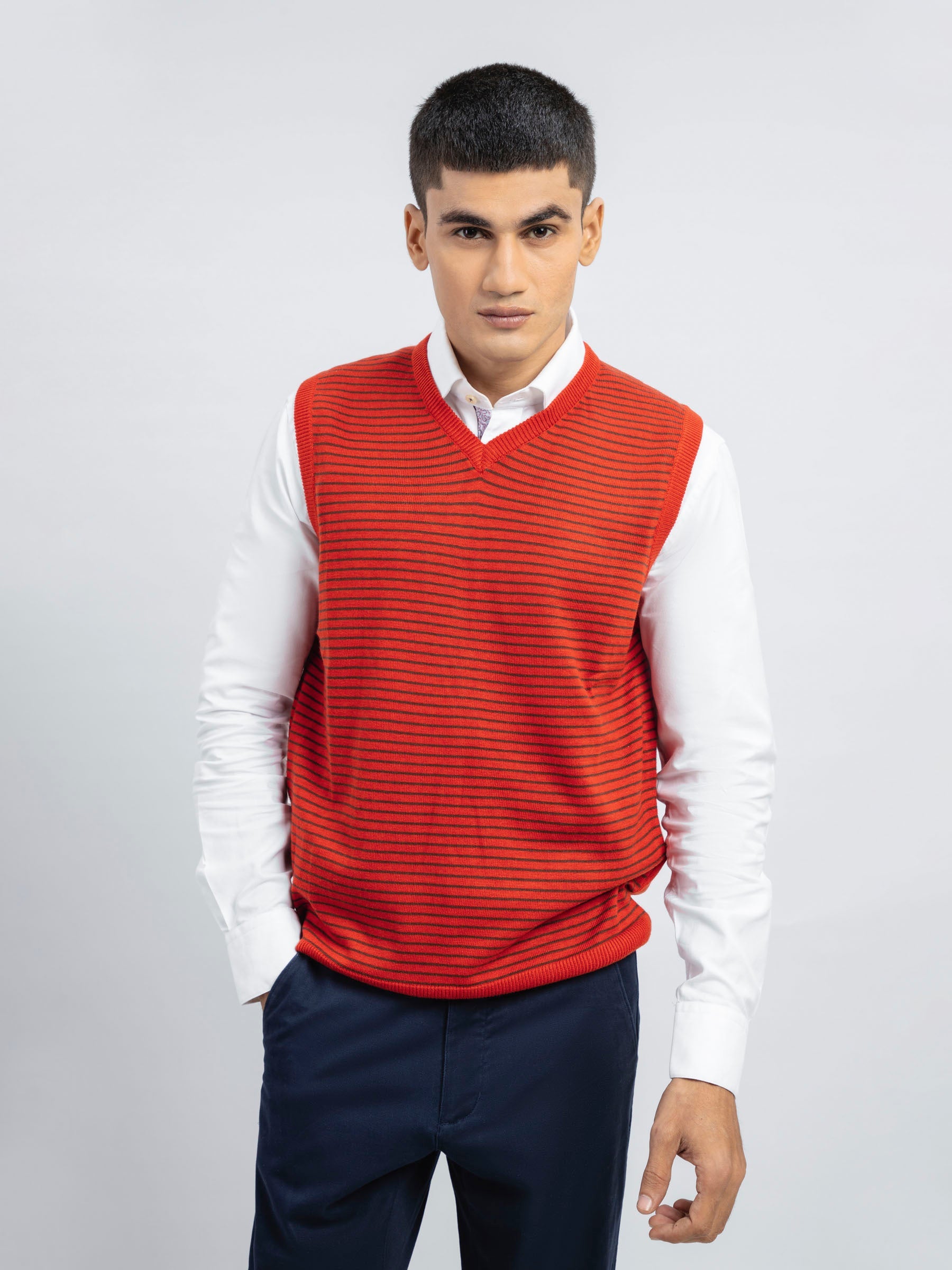 Red Striped Wool Blended Sleeveless Sweater