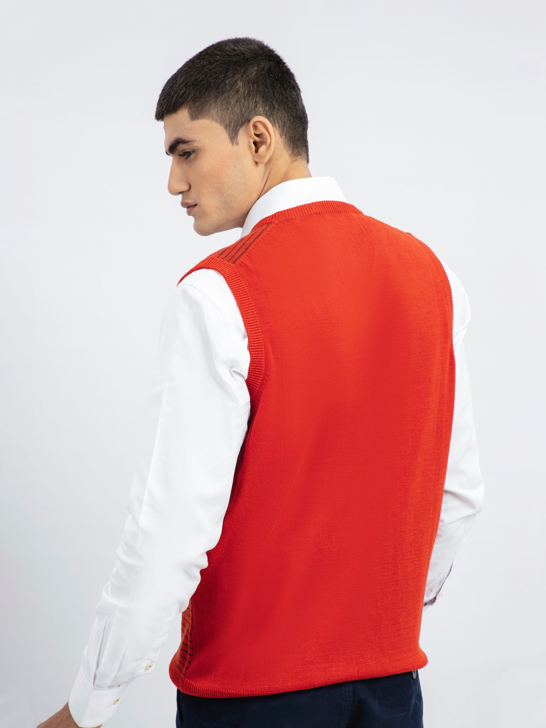 Red Striped Wool Blended Sleeveless Sweater