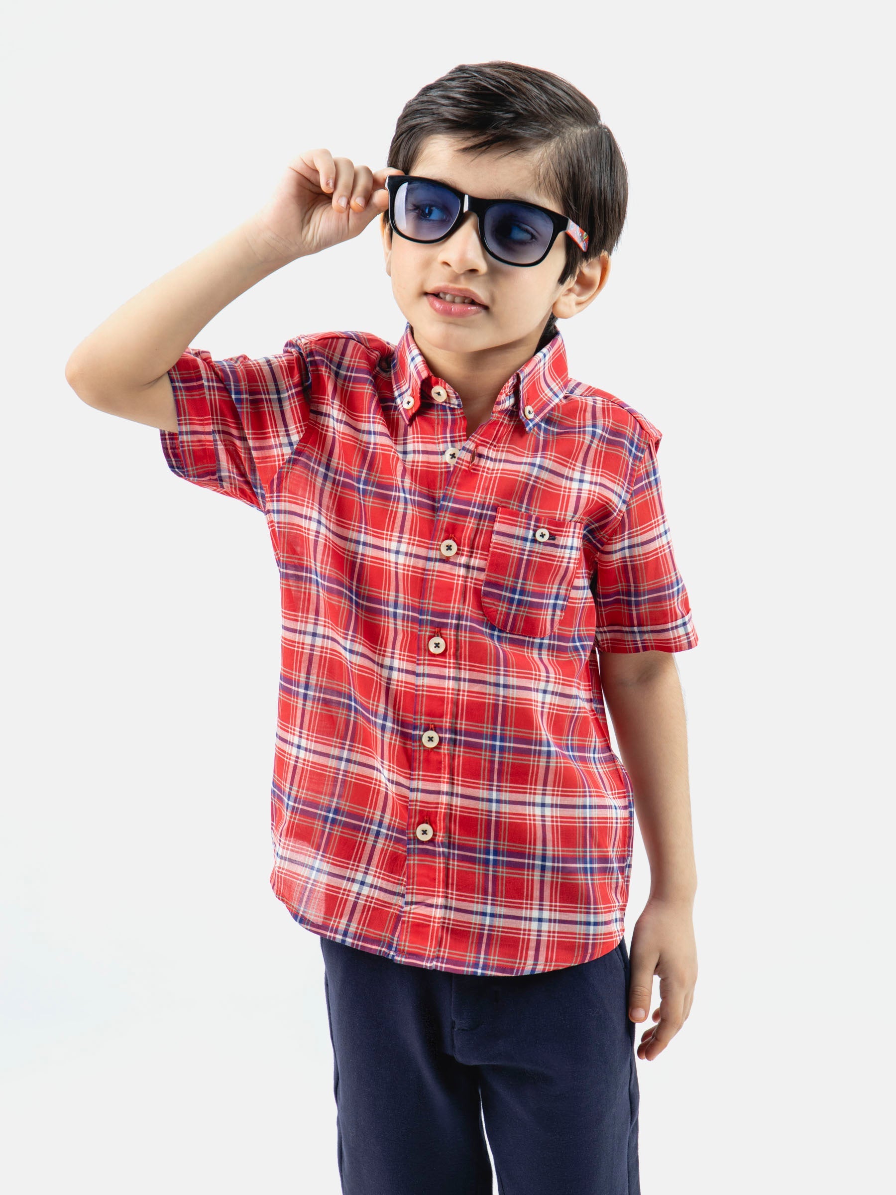 Red Tartan Plaid Half Sleeve Casual Checkered Shirt