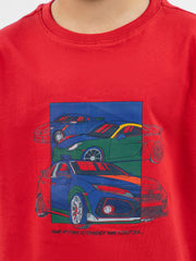 Red 'Sports Cars' Printed Casual T-Shirt