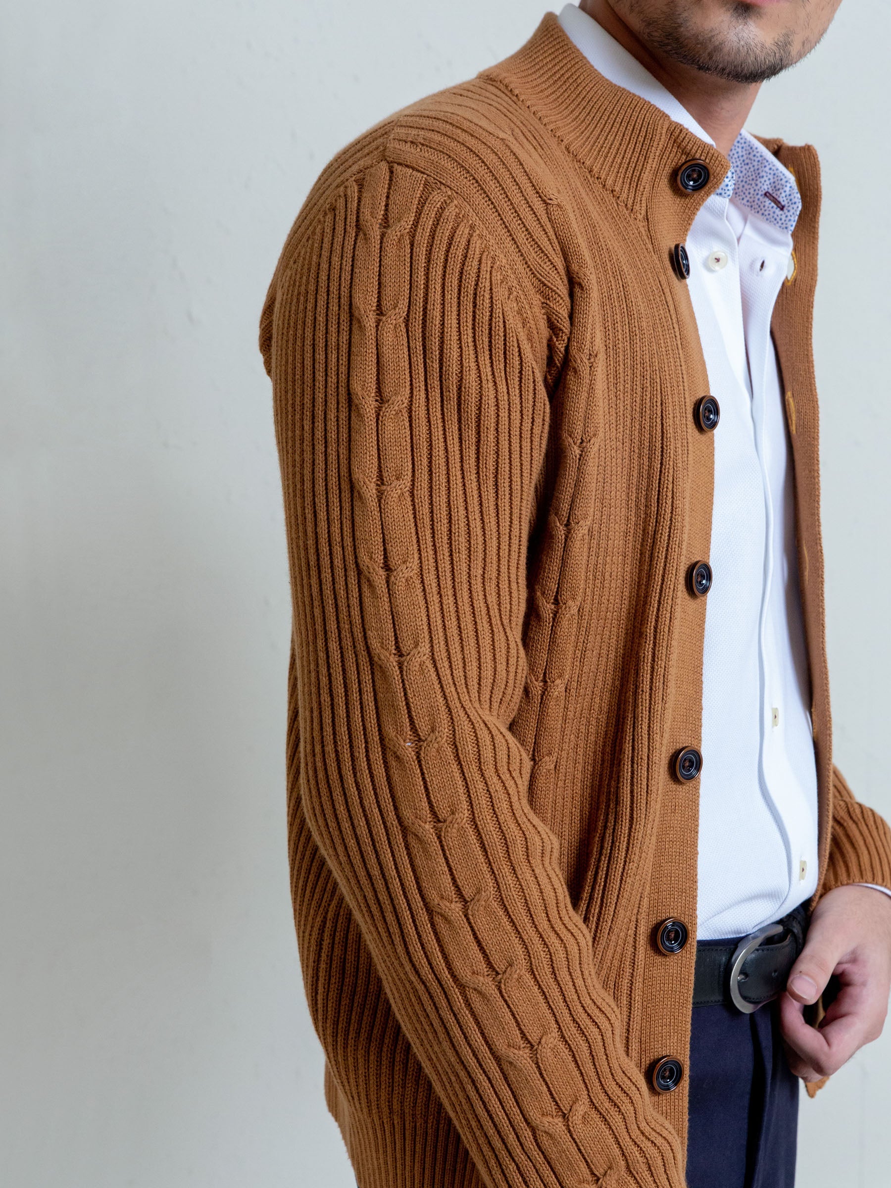Ribbed Camel Brown Button Cardigan
