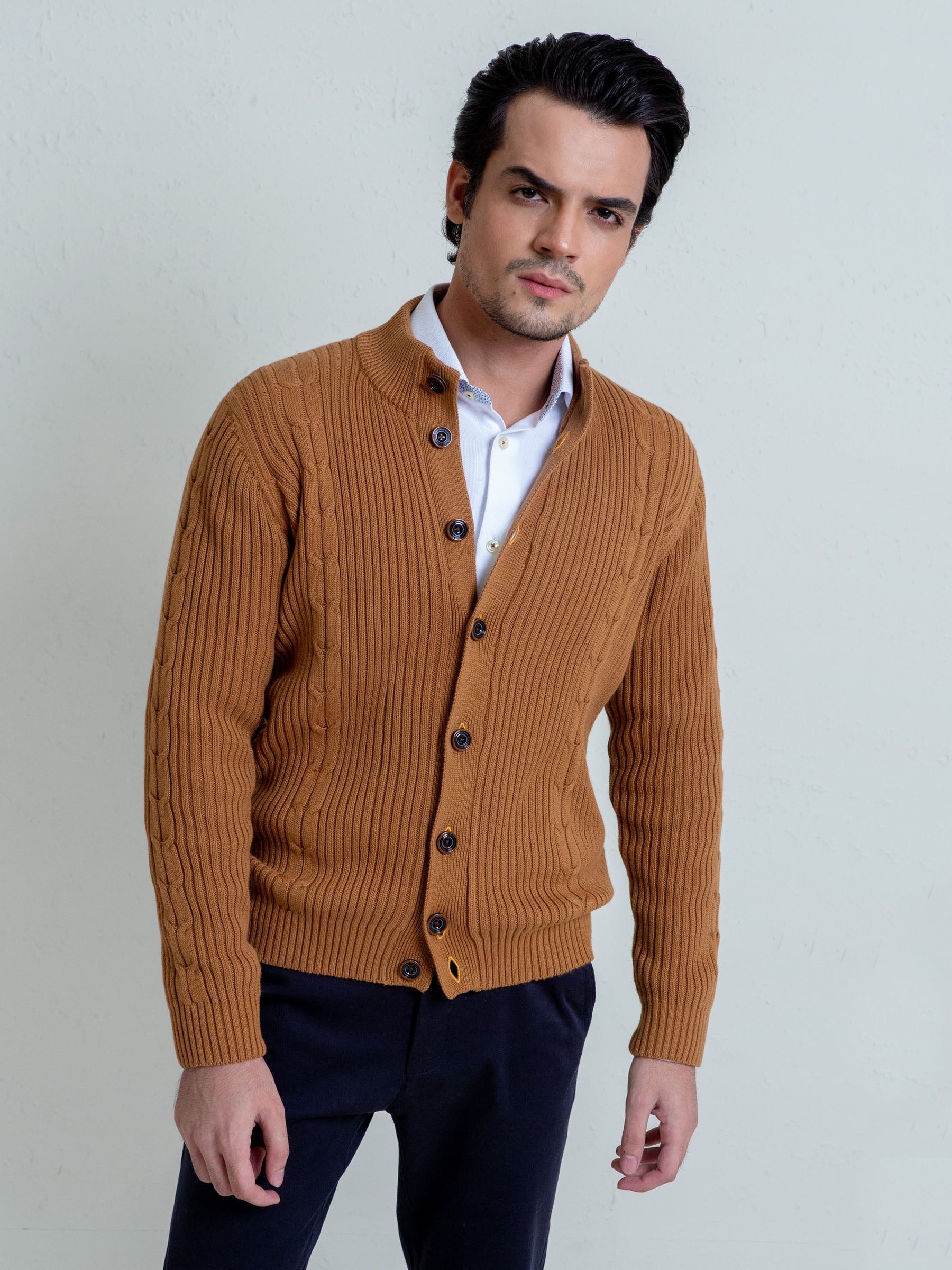 Ribbed Camel Brown Button Cardigan
