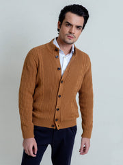 Ribbed Camel Brown Button Cardigan
