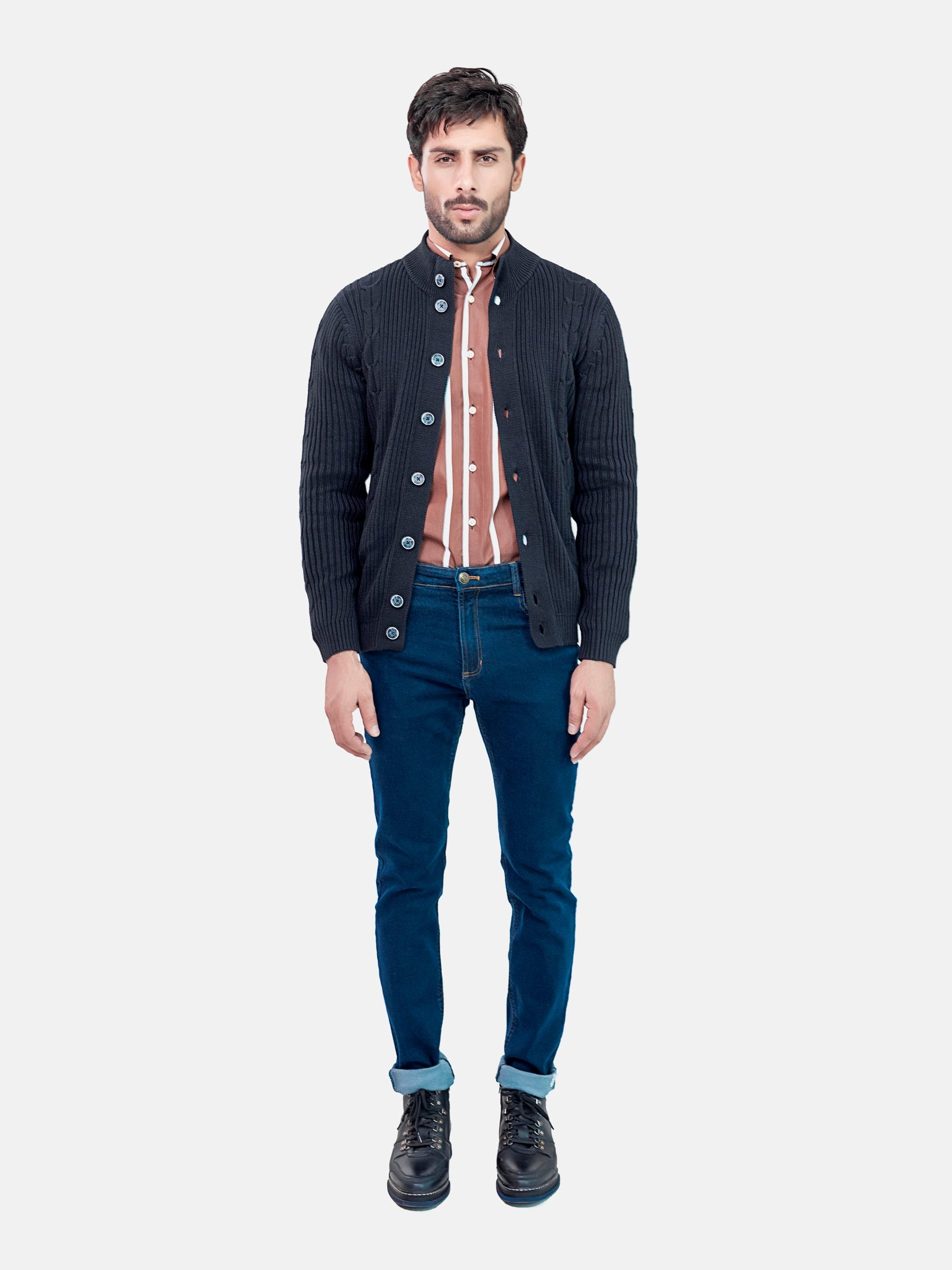 Ribbed Black Button Cardigan