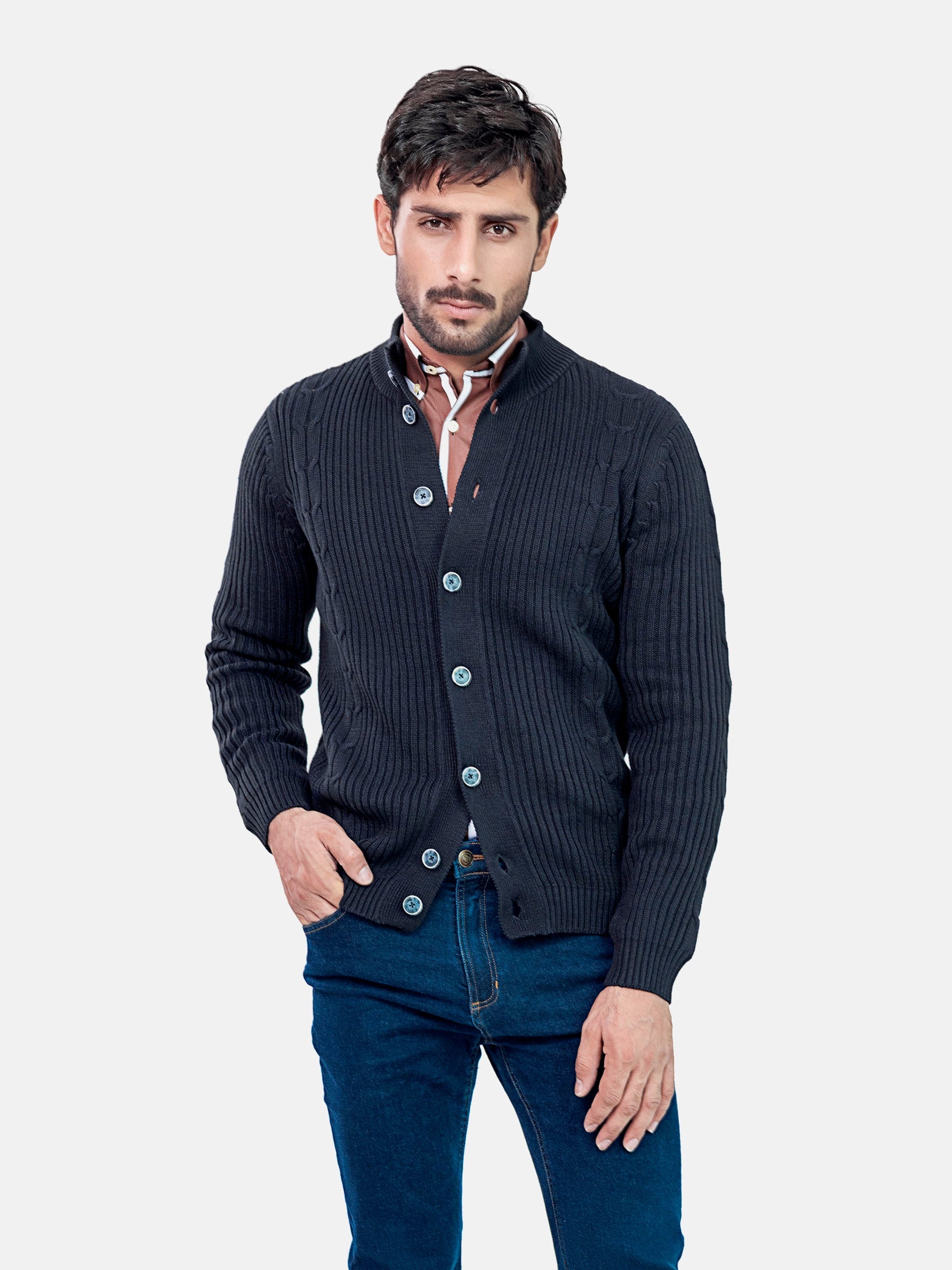 Ribbed Black Button Cardigan