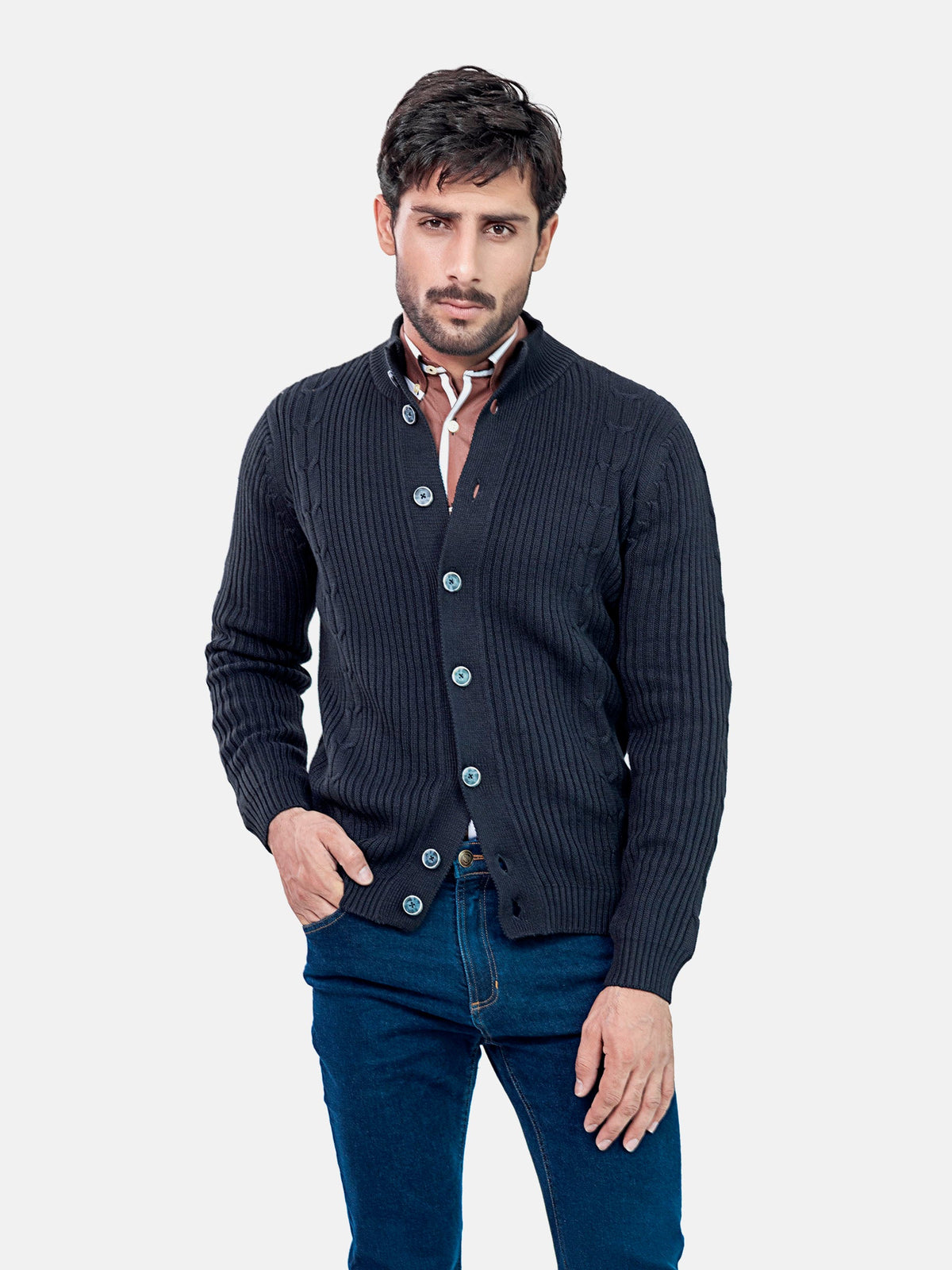 Ribbed Black Button Cardigan