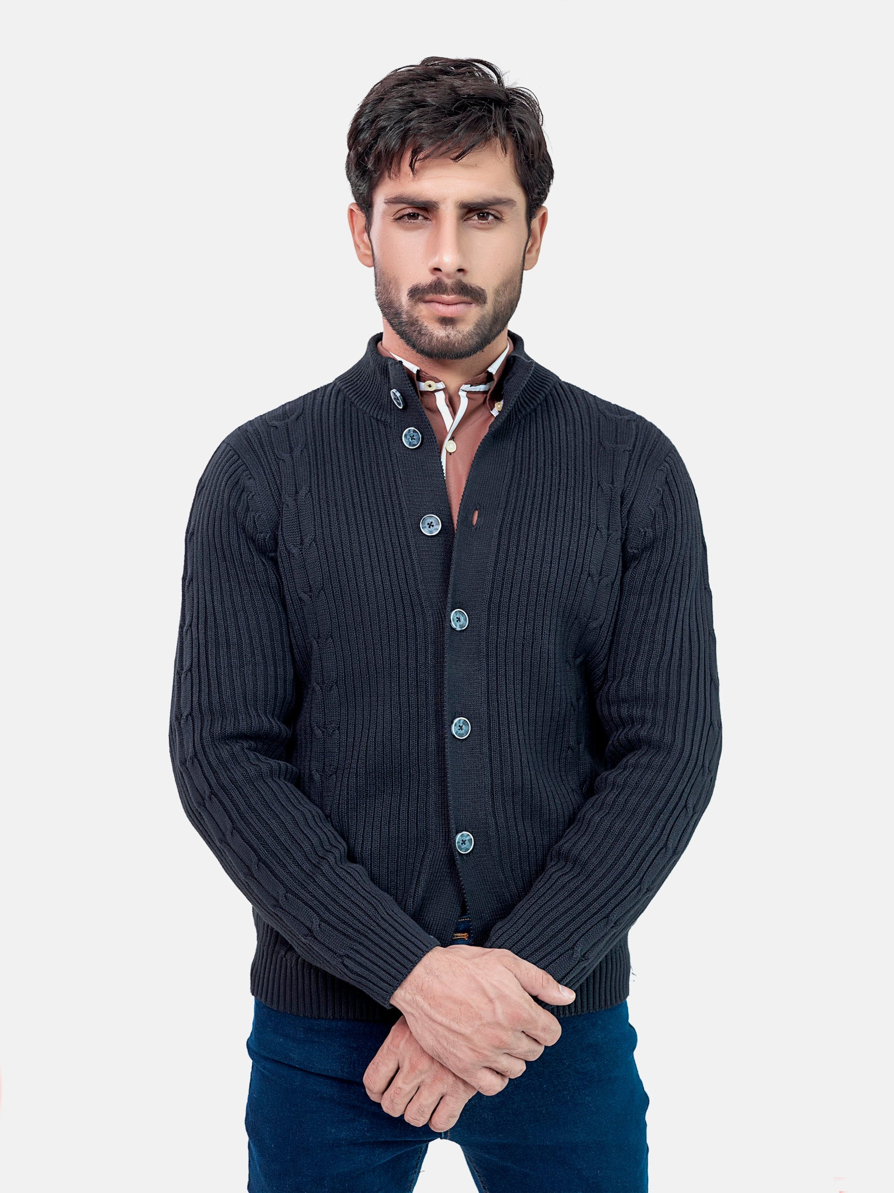 Ribbed Black Button Cardigan