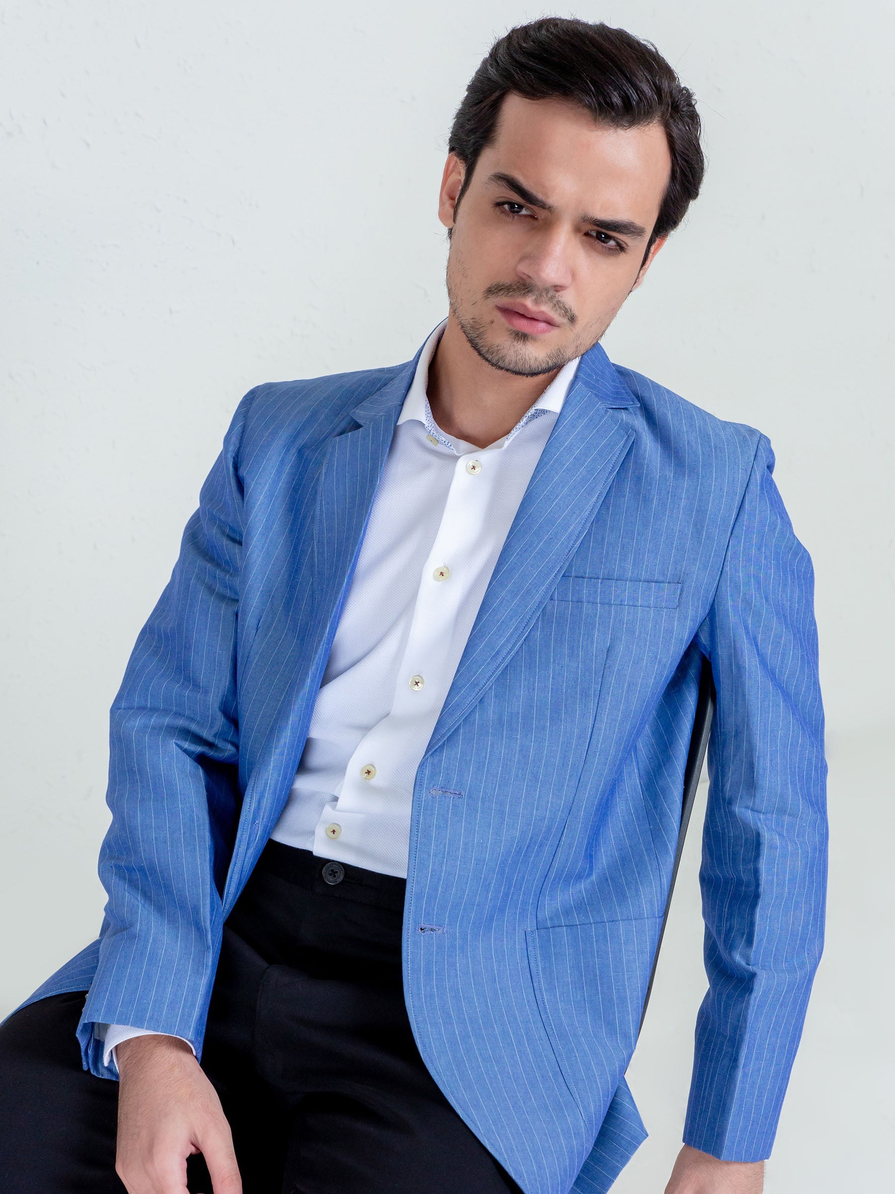 Royal Blue Linen Striped Blazer
