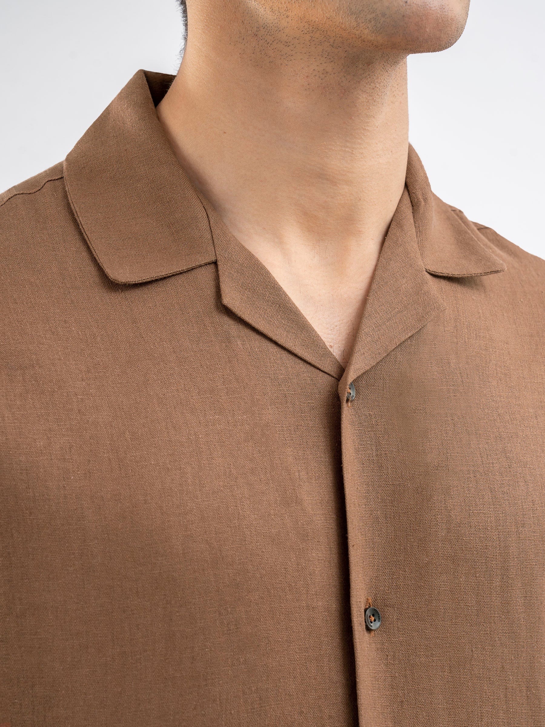 Rusty Brown Linen Blended Half Sleeve Cuban Collar Shirt