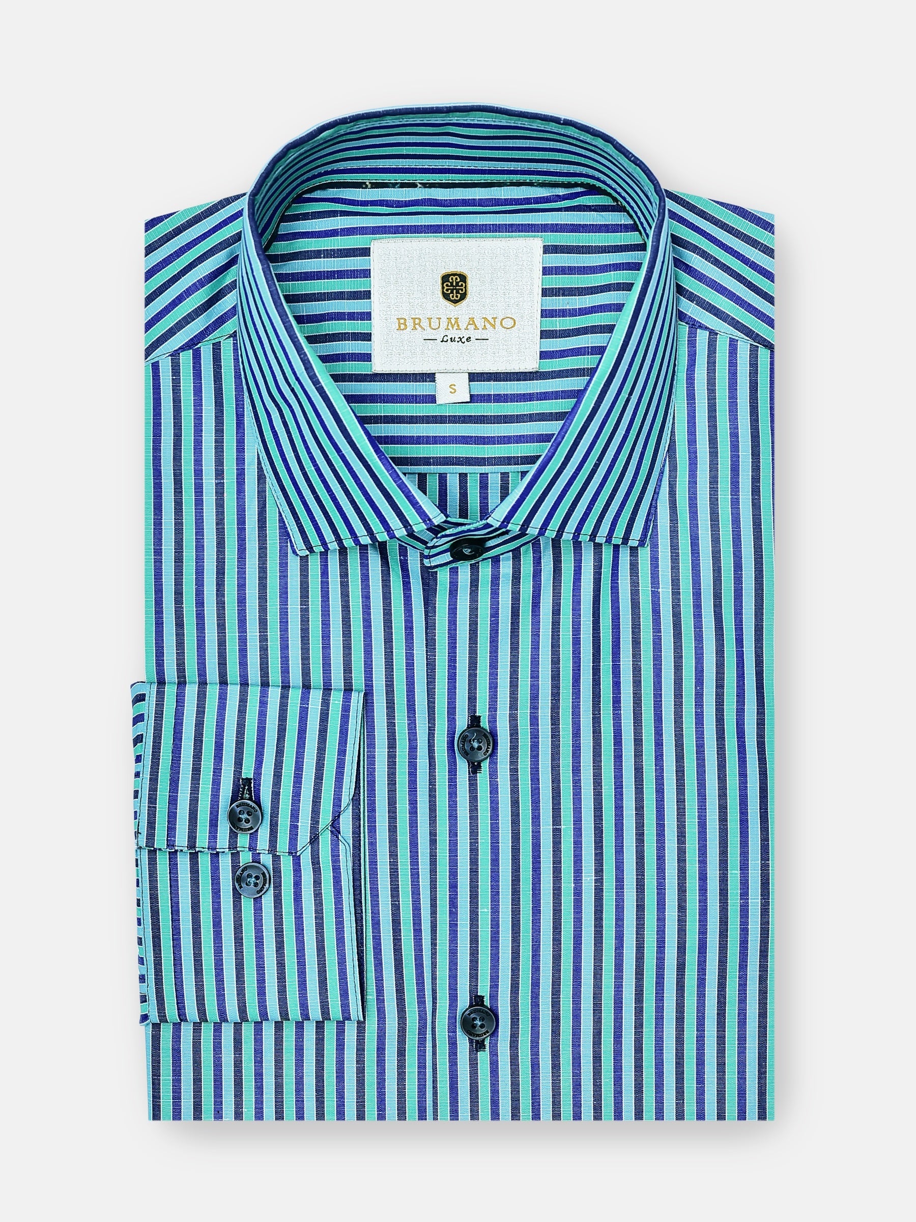 Sea Green Striped Linen Blended Formal Shirt