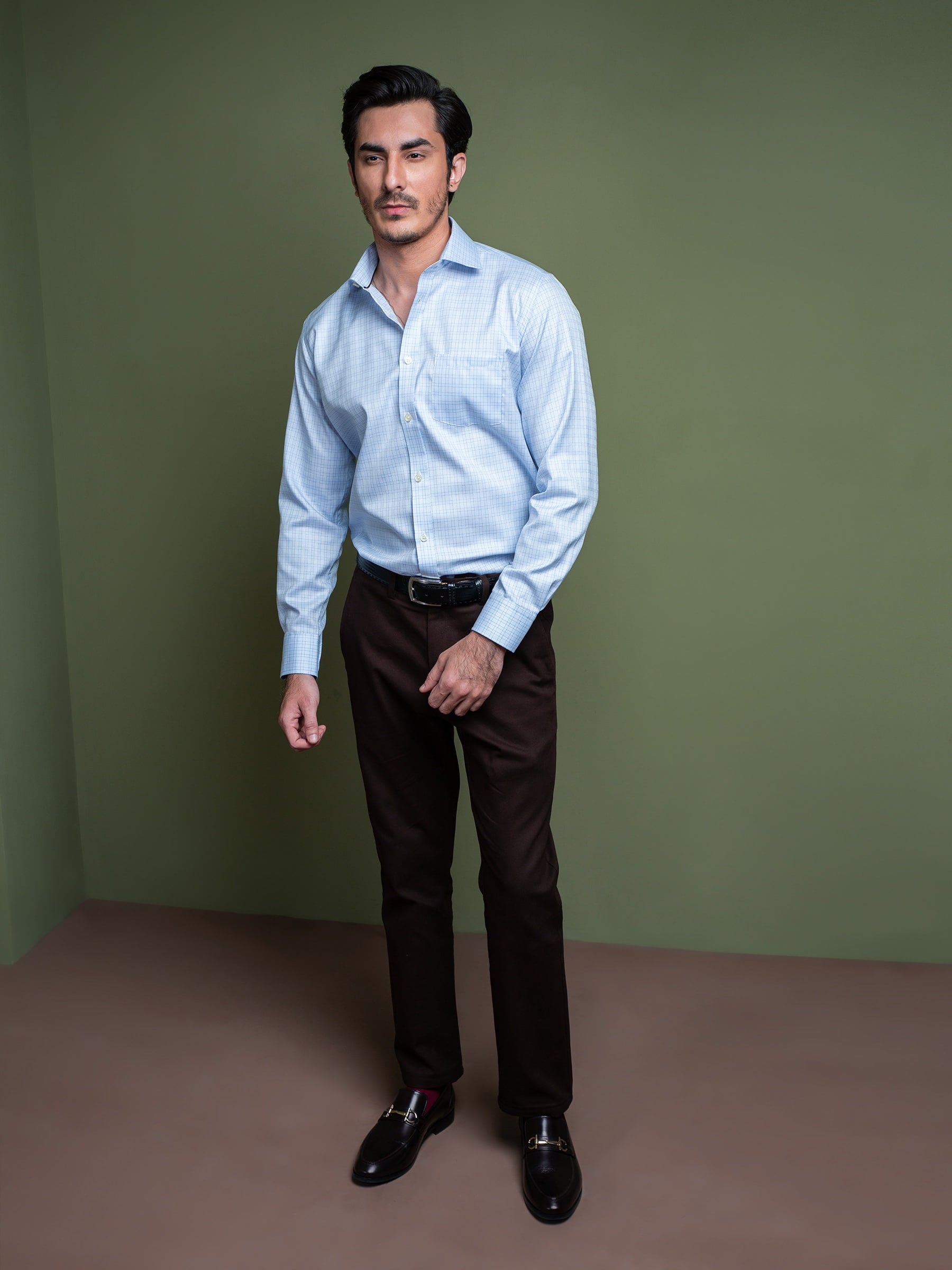 Sky Blue Formal Check Shirt With Cutaway Collar