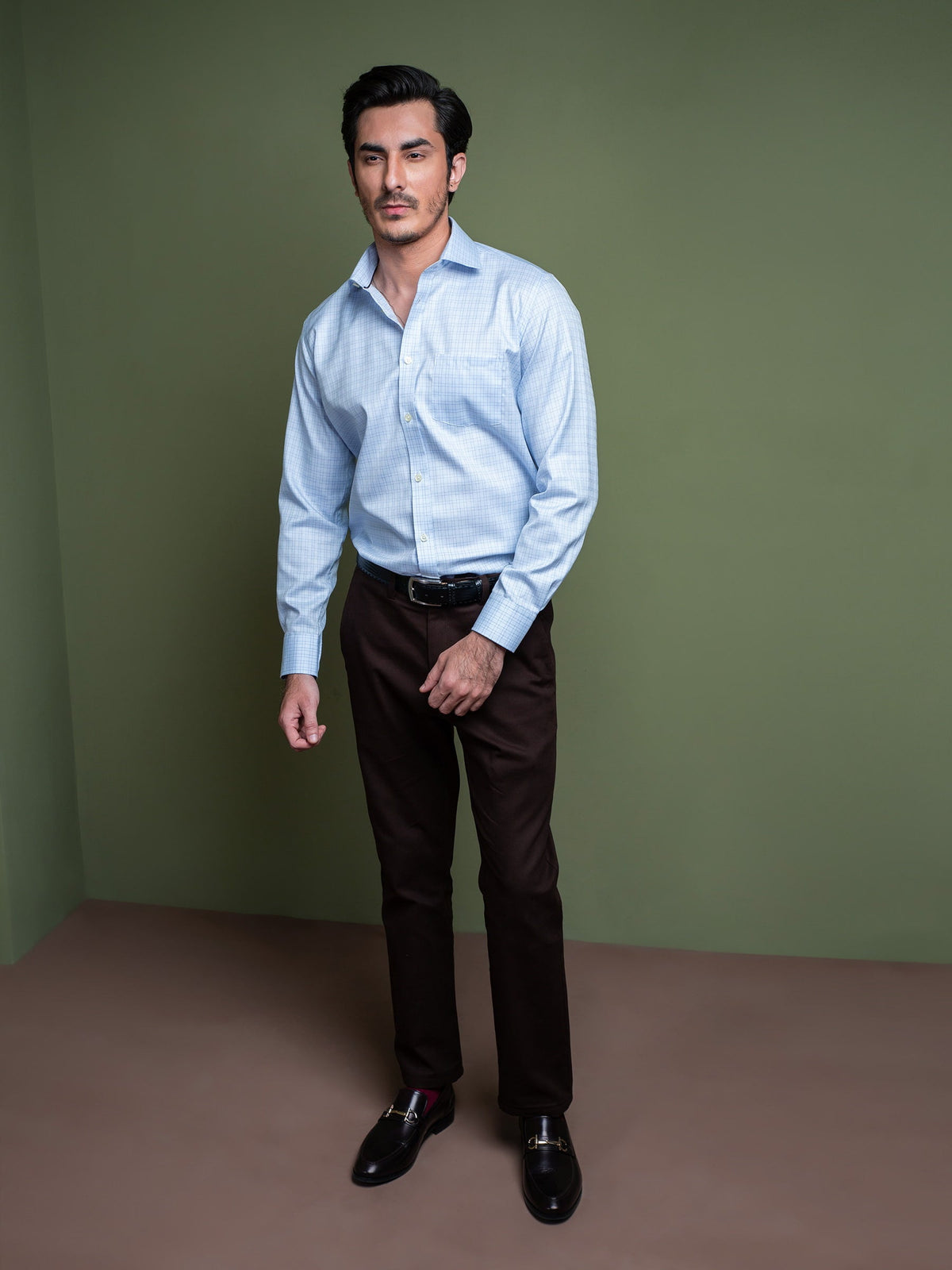 Sky Blue Formal Check Shirt With Cutaway Collar
