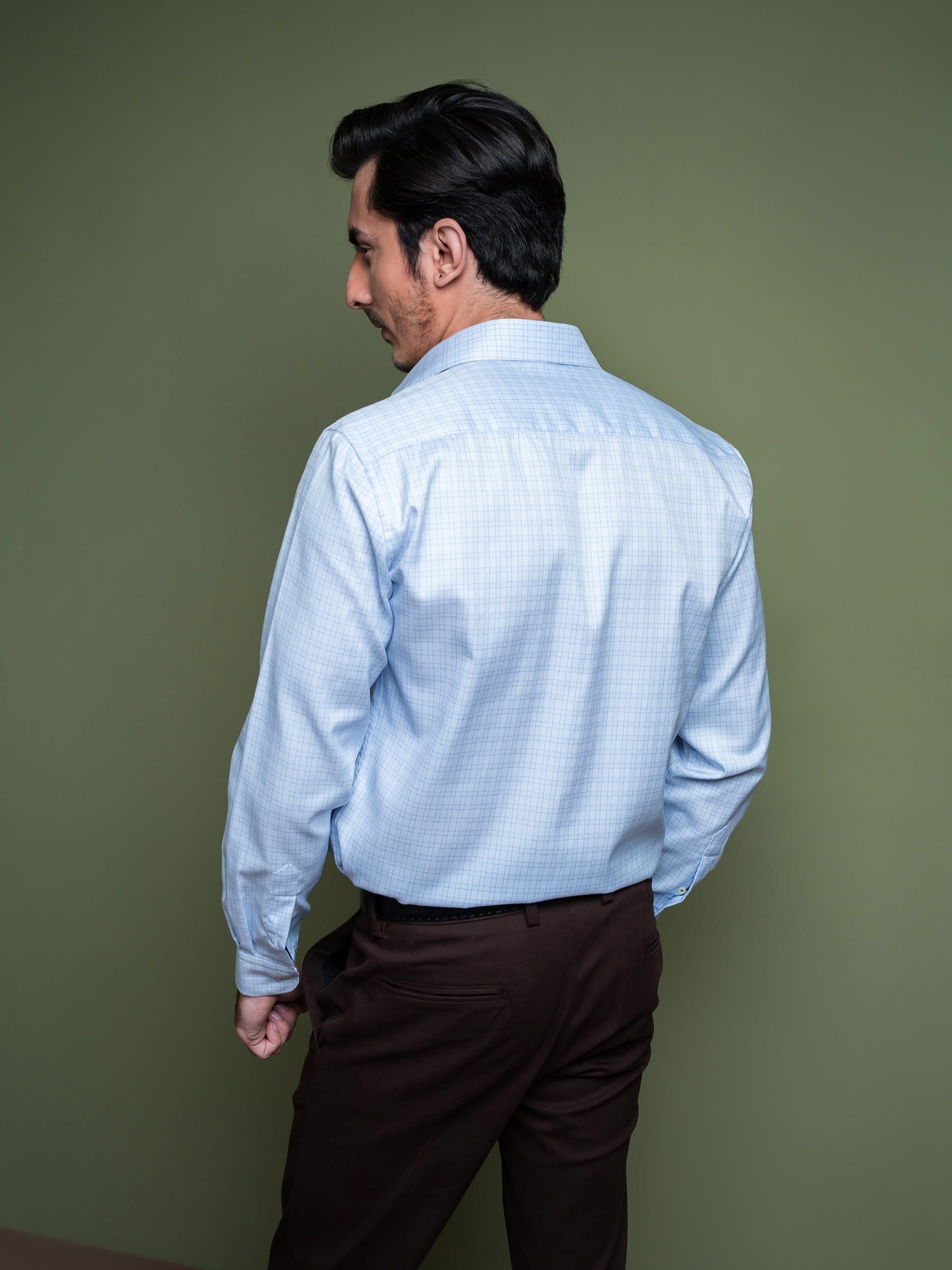 Sky Blue Formal Check Shirt With Cutaway Collar