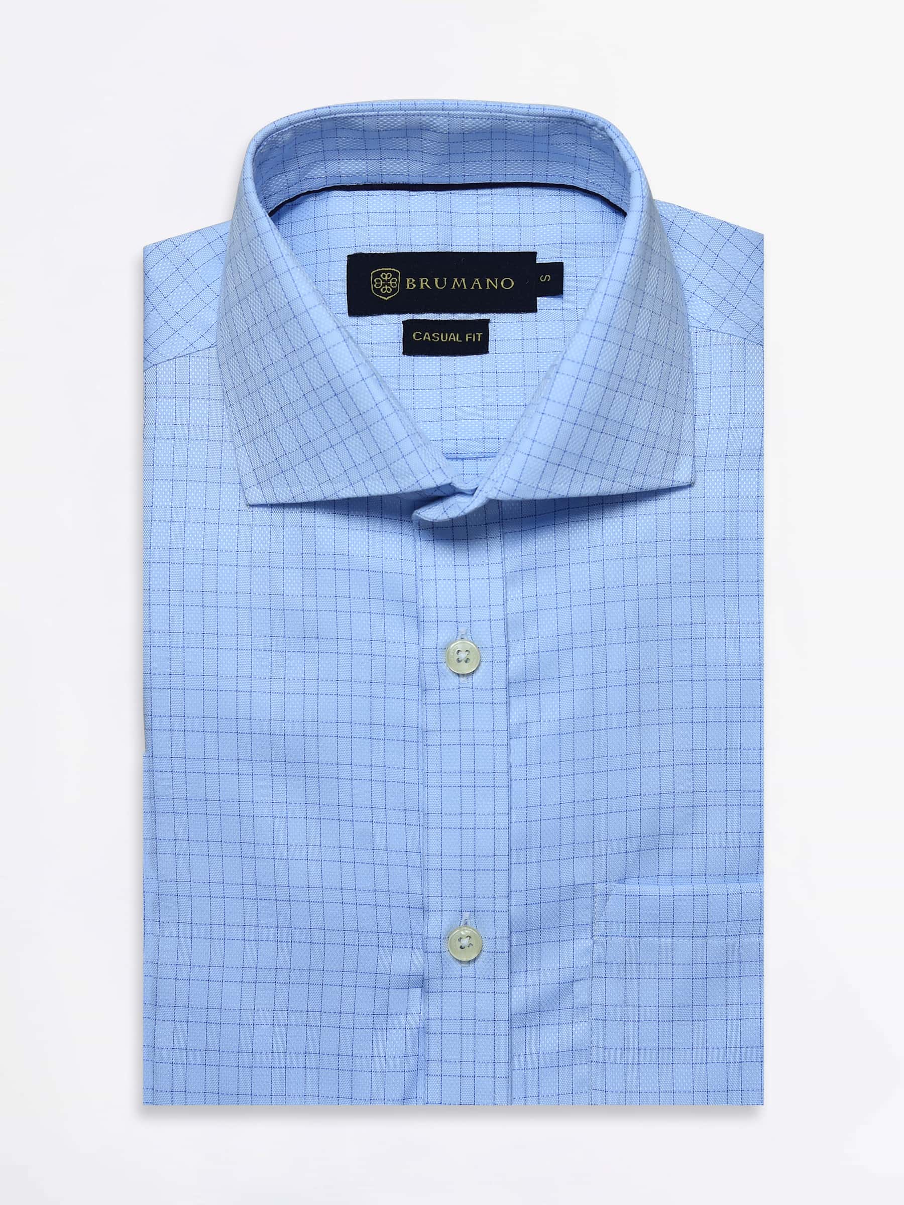 Sky Blue Formal Check Shirt With Cutaway Collar