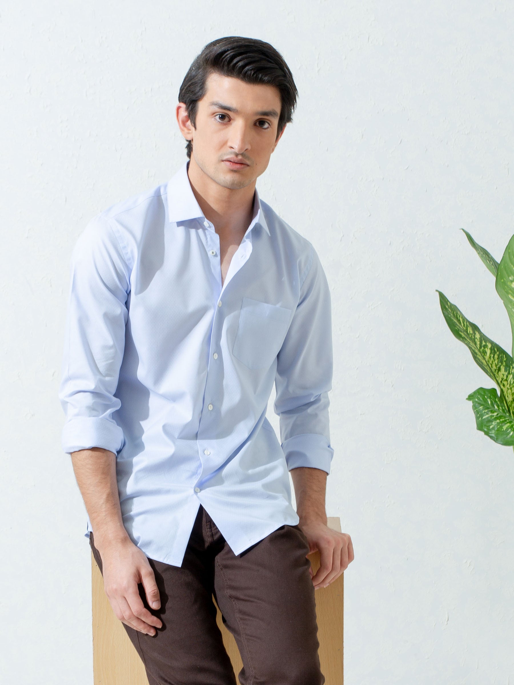 Sky Blue Micro Dobby Shirt With Cutaway Collar