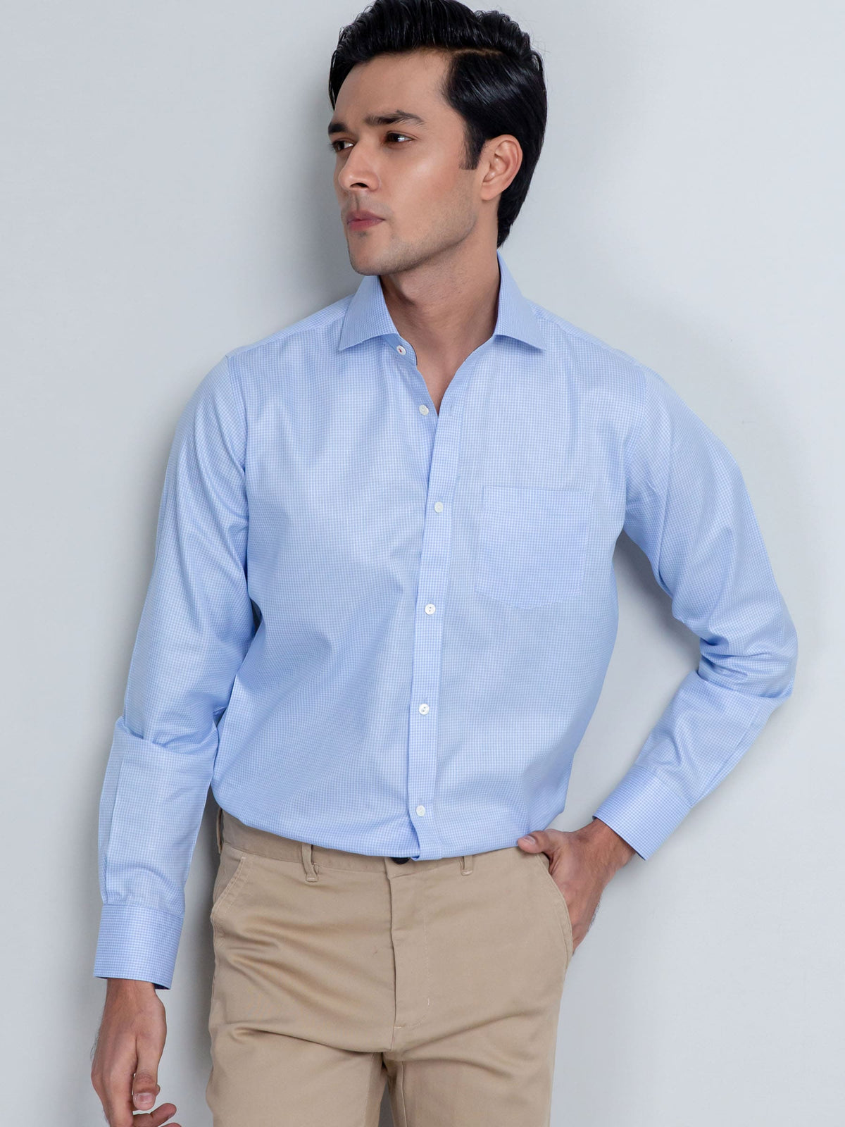 Sky Blue Micro Gingham Shirt With Shallow Collar